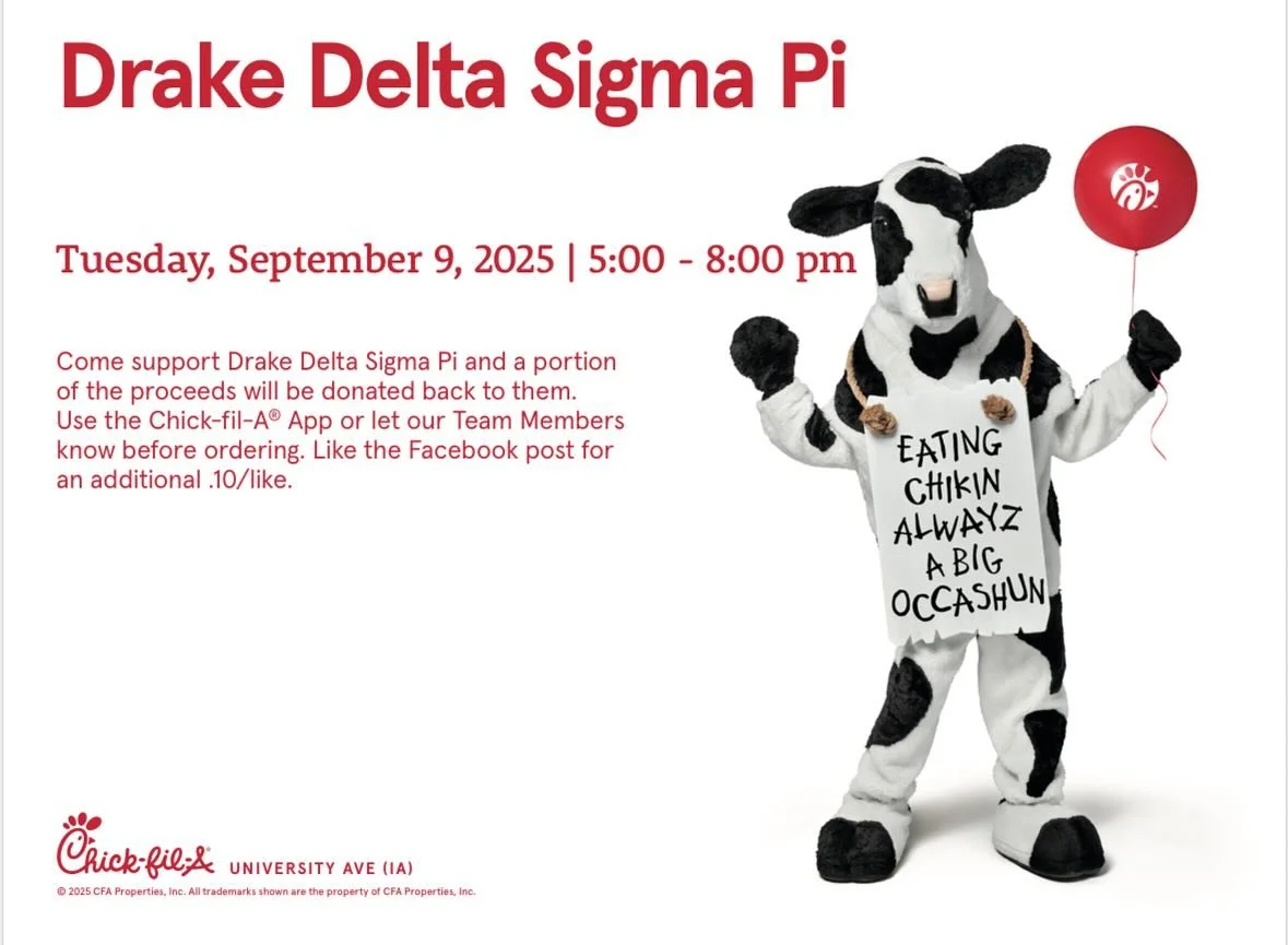 FUNDRAISER!!
On Tuesday September 8, stop by chick-fil-a and support our brothers ⭐️

This is a great way to support your local business fraternities while enjoying some of your favorite foods