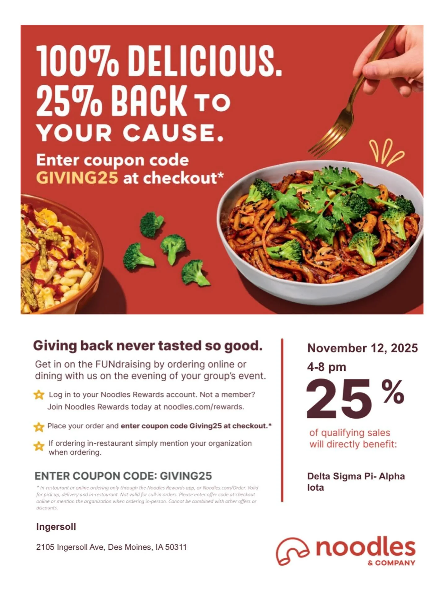 ⭐️FUNDRAISER TODAY⭐️
Join us at the Noodles and Co. Ingersoll location between 4-6pm today!
Show this post while paying or type in code to help support our Bros! 
See you all there