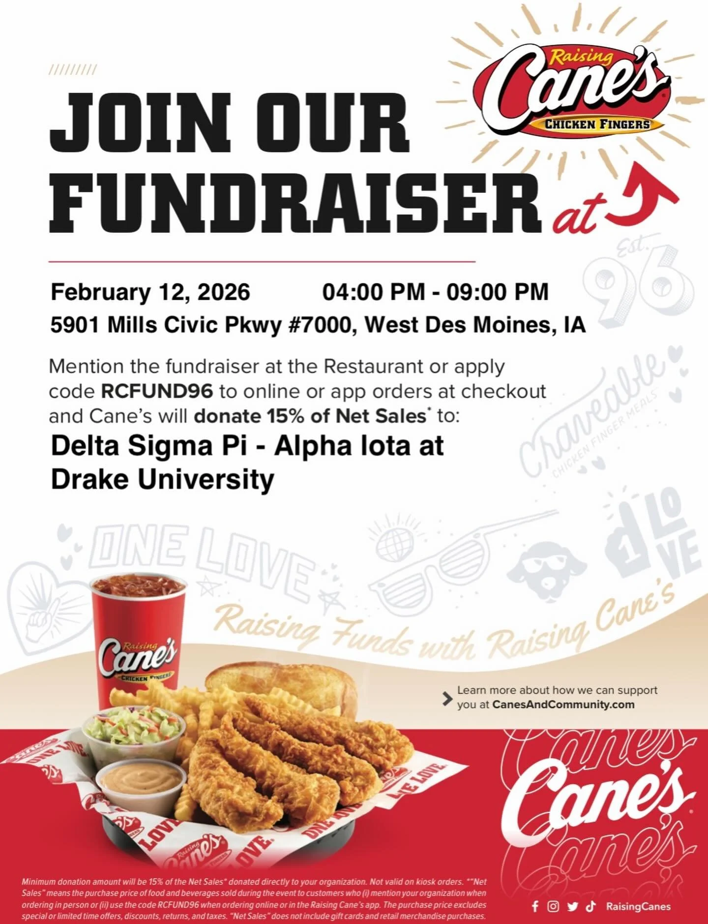 💛FUNDRAISING EVENT💛

Do you love Raising Cane&rsquo;s and DSP?

💛Join us next Thursday February 12 from 4 to 9 PM at Raising Cane&rsquo;s on Mills Civic Pkwy. 

💛Make sure to mention Drake DSP at checkout to help support our fraternity!