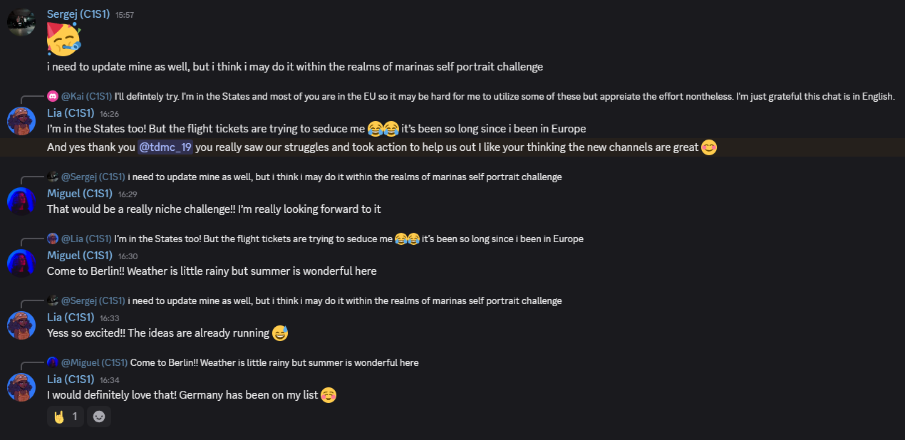 Screenshot of a chat conversation discussing travel plans, weather, and excitement about visiting Berlin, with emojis and user mentions.