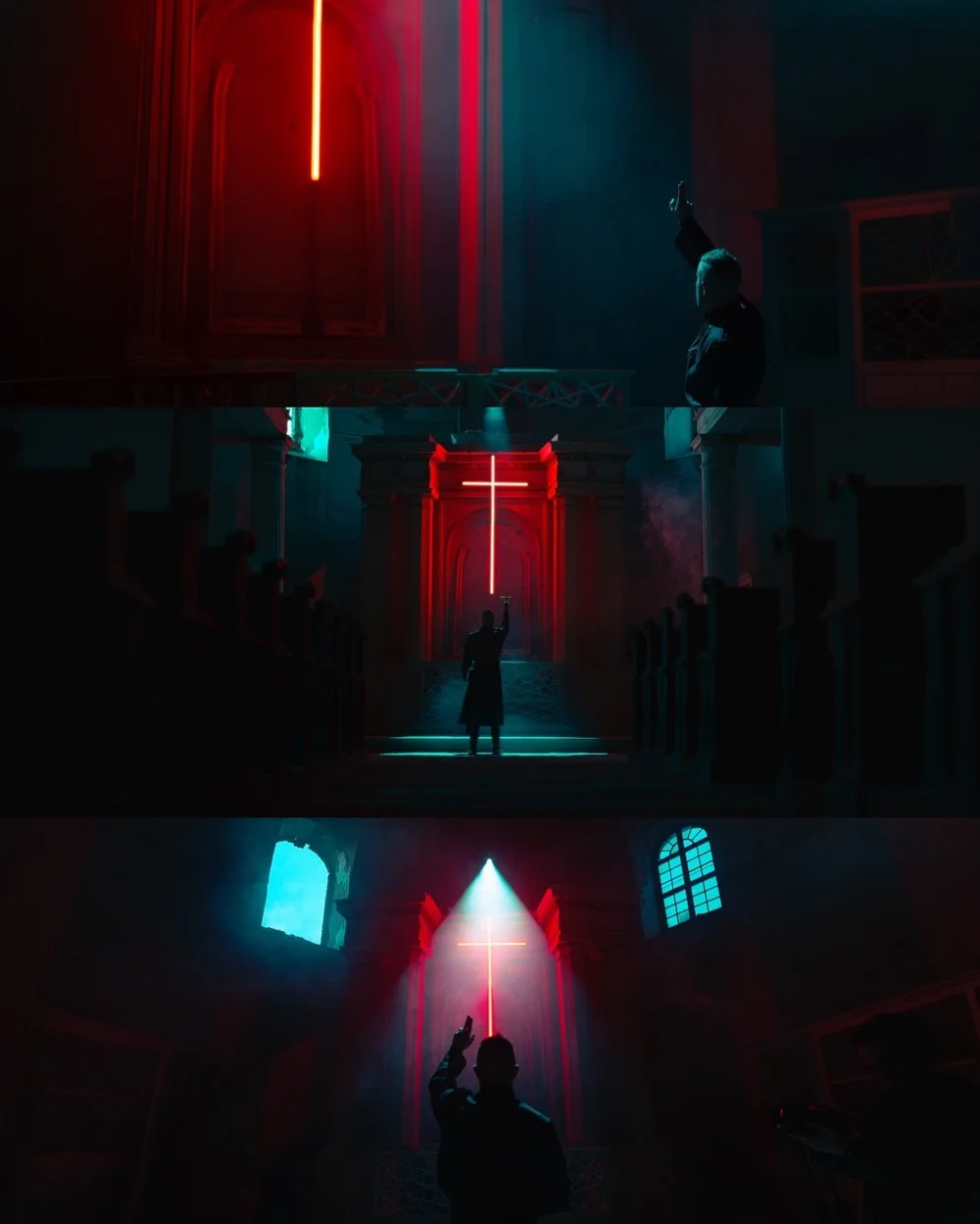 Three cinematic photographs exploring red practical lights and blue architectural space.