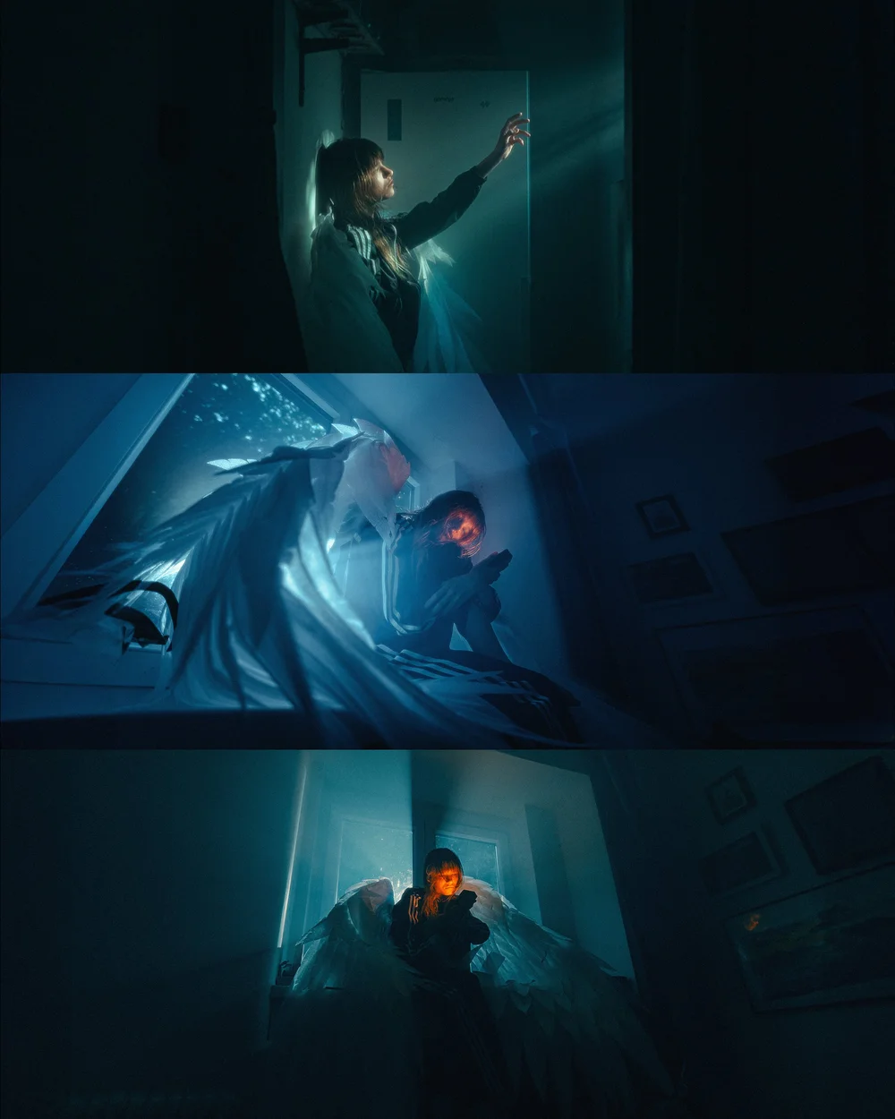Three cinematic photographs with blue light, draped fabric and layered shadows.