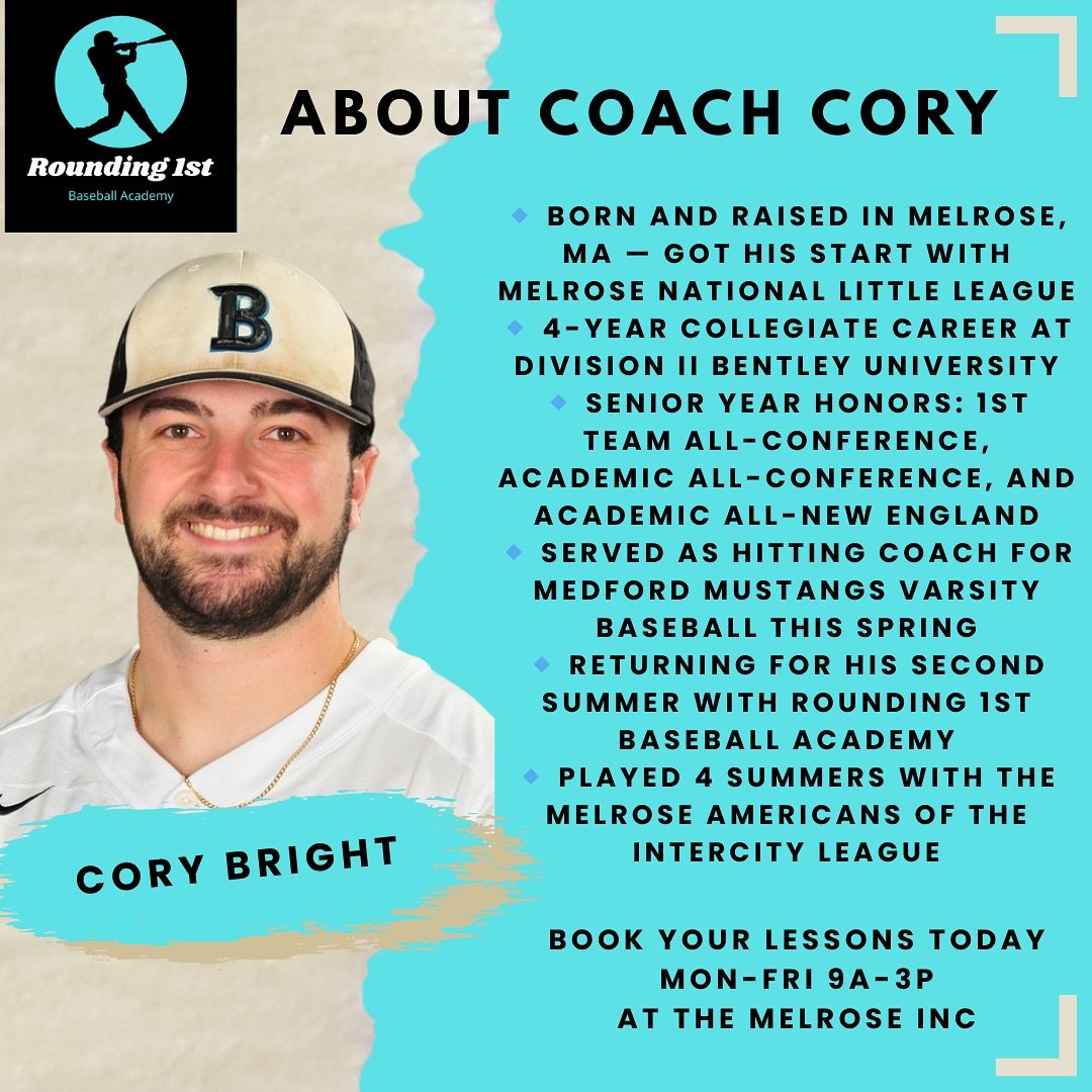 Great opportunity to learn from one of the best college baseball players to come out of Melrose. 
Cory&rsquo;s lesson schedule is posted on our site. 

Book your lessons &amp; training today!