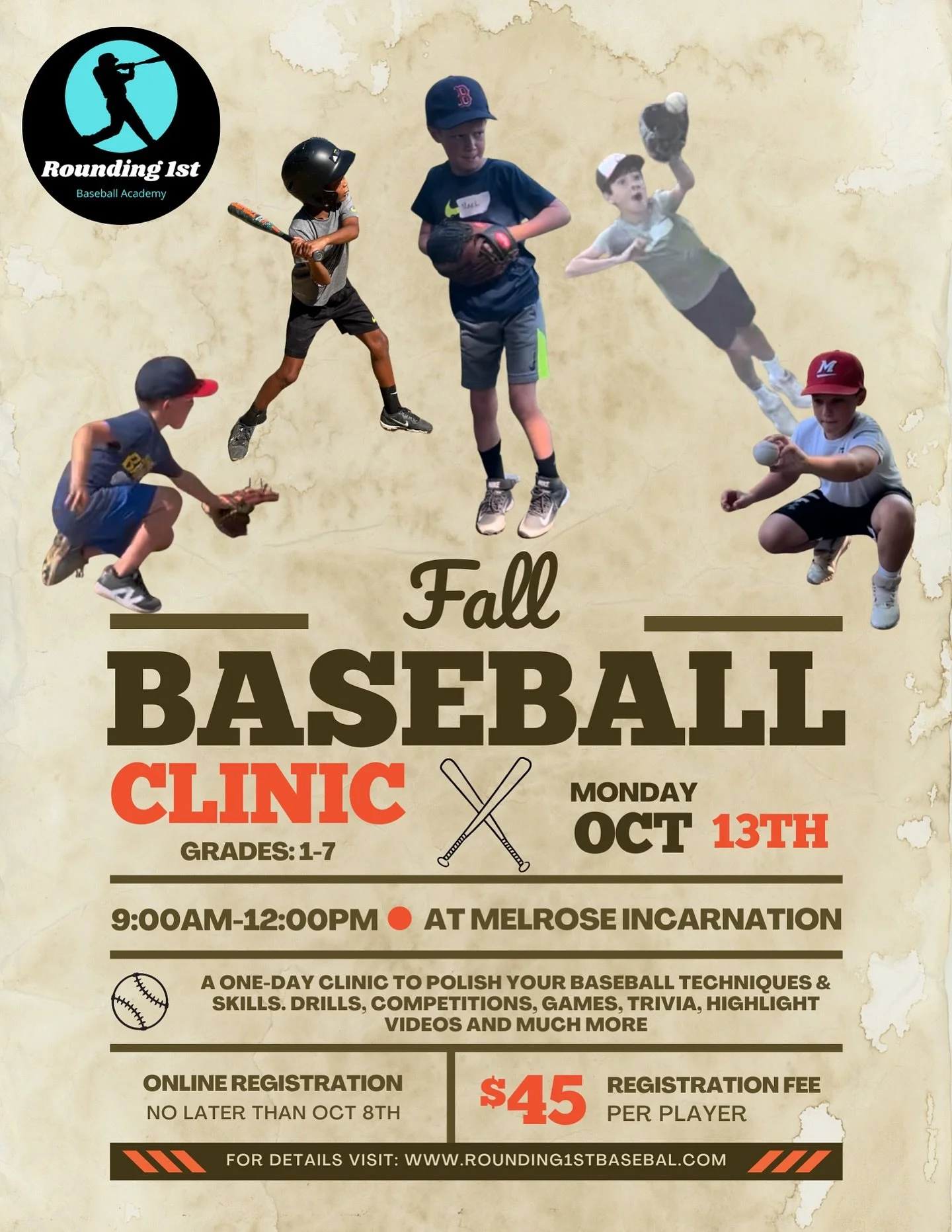 We&rsquo;re coming back to Melrose for one more outdoor clinic this fall! 🍂⚾️🍁

Open to everyone, not just Melrose residents! 

Sign up now on our website!