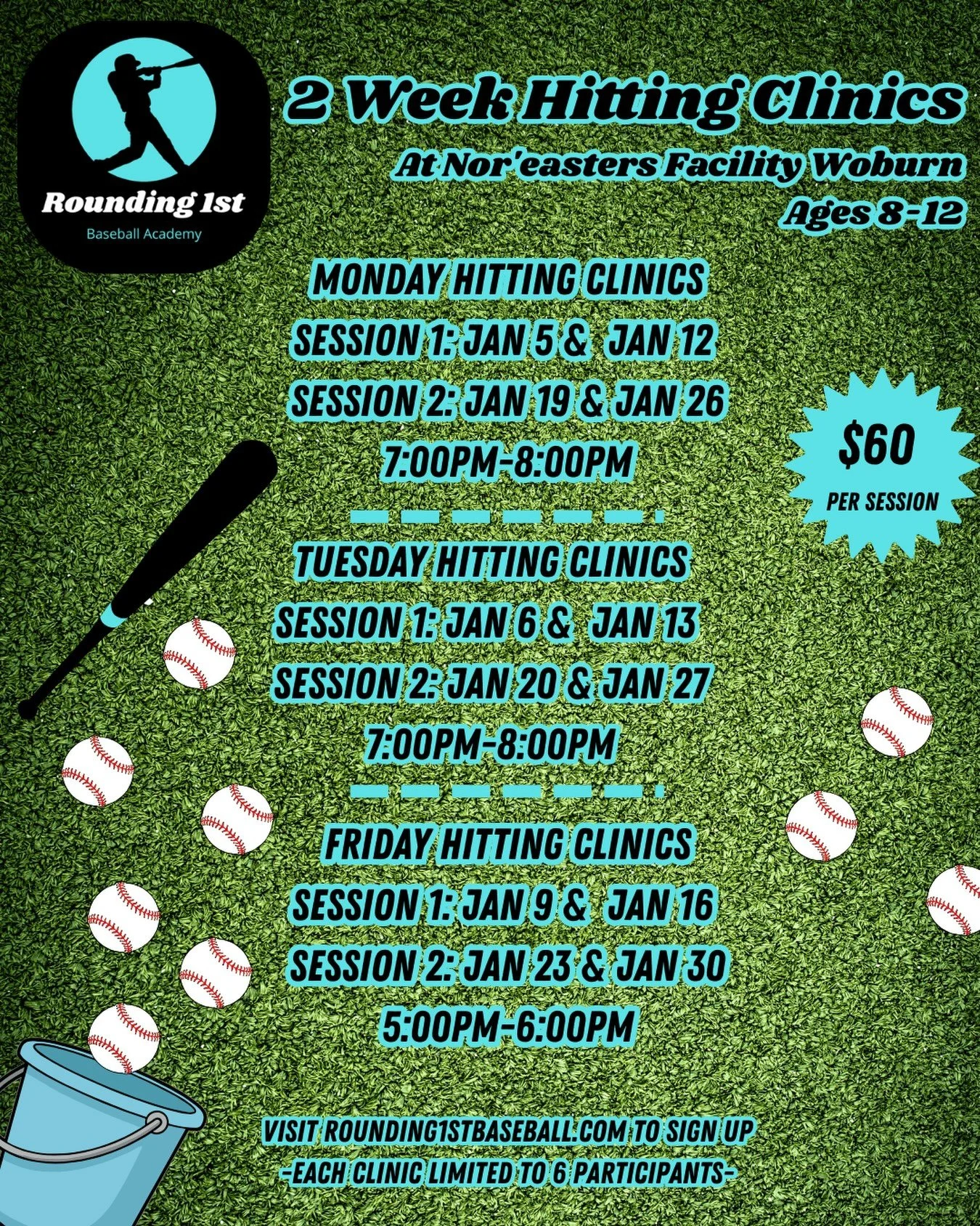 New bat from Christmas? 🎄⚾️
Time to break it in the right way.

Our 2-Week Hitting Clinics (Ages 8&ndash;12) are perfect for getting comfortable with a new bat&mdash;building confidence, clean mechanics, and tons of quality swings.

📍 Woburn | Mon 