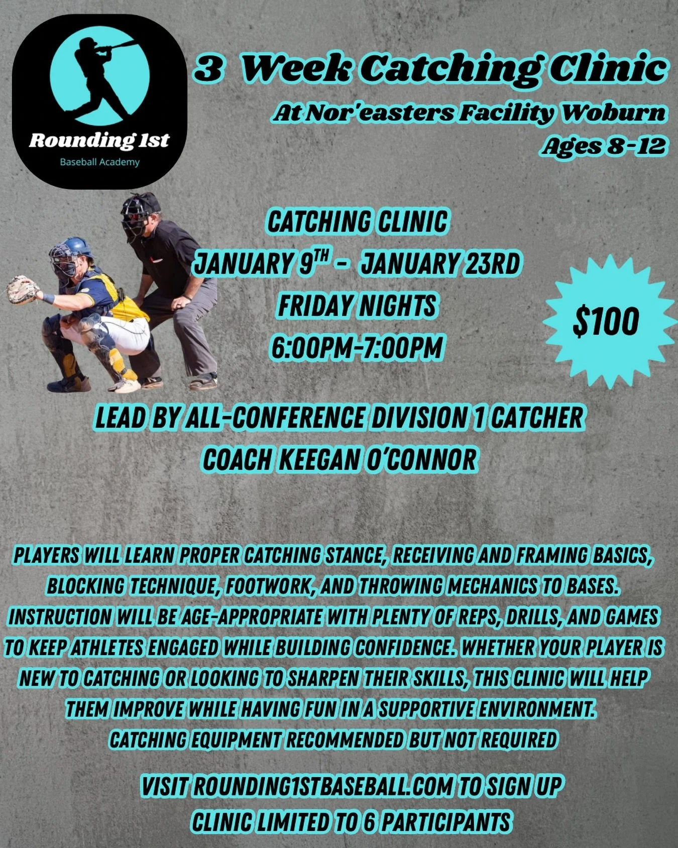 Catch. Block. Throw. Lead the field. 🧢
Our 3-Week Catching Clinic (Ages 8&ndash;12) is packed with reps, fundamentals, and confidence&mdash;led by All-Conference D1 catcher: Coach Keegan O&rsquo;Connor.

📍 Woburn | Fridays
⏰ 6&ndash;7 PM | 💲 $100
