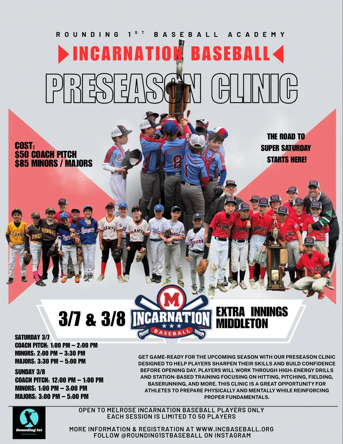 We&rsquo;re excited to announce that the Rounding 1st Baseball Academy coaching staff will be running the 2026 Incarnation Baseball Preseason Clinic this year ⚾️🔥

Over two days, our staff will lead high-energy, station-based sessions focused on sha