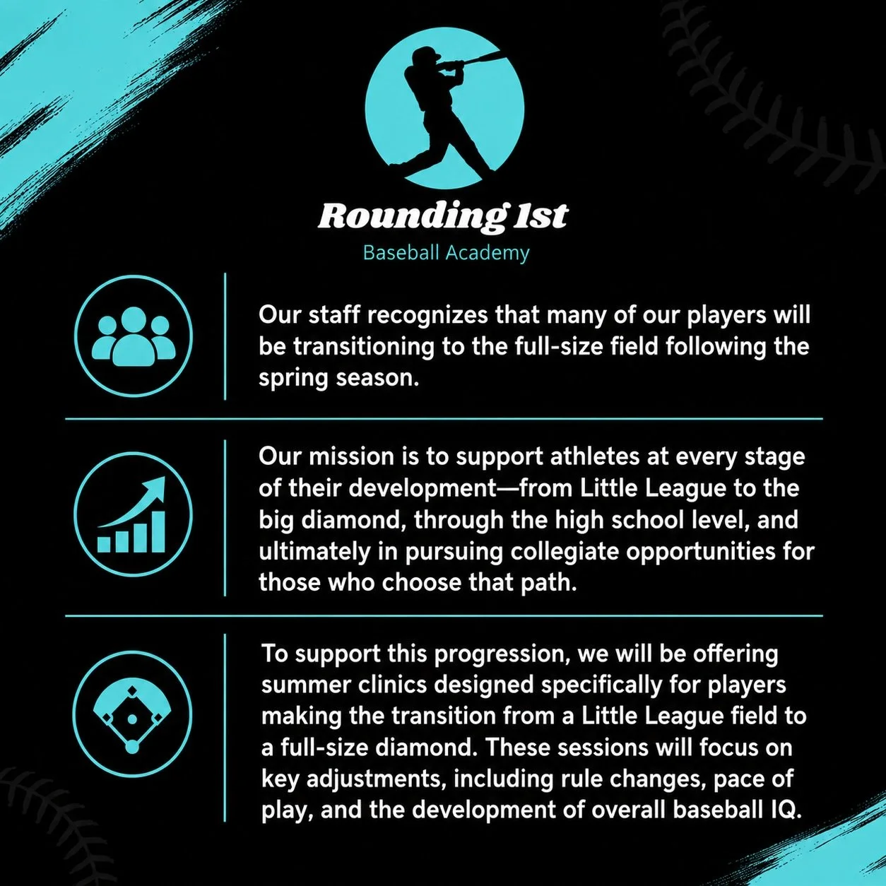 For all of our players moving up to the big field after this season&mdash;be on the lookout for summer sessions focused on adjusting to the larger field and new rules.

We&rsquo;re excited to see our athletes take this next step and will continue pro