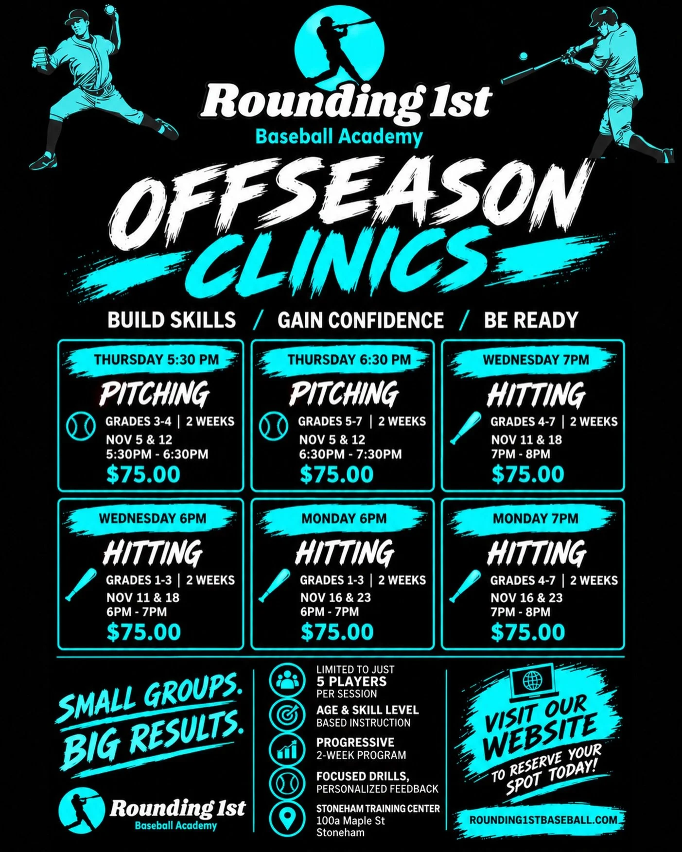 Time to get to work!
Registration is open for our November 2-Week Hitting &amp; Pitching Clinics. 
Visit our site to reserve your spot. 
Sessions are limited to 5 players.