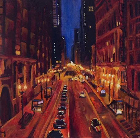 "Dearborn and Van Buren" 
10"x10" 
Oil and spray paint on canvas 
2026