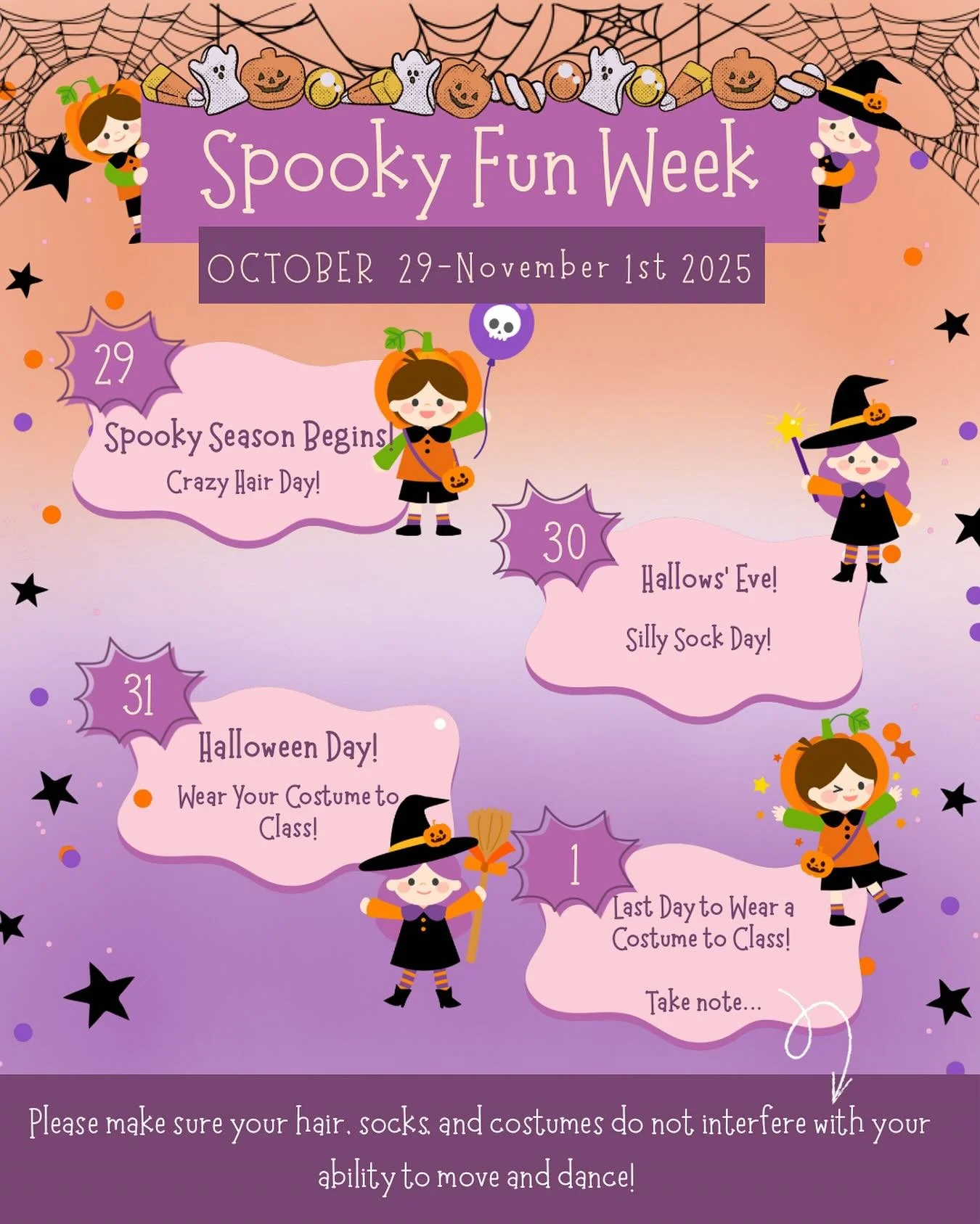 It&rsquo;s time to boo-gie at The School of Rochester City Ballet! 👻🎃
 We&rsquo;re celebrating from Wednesday, October 29 - Saturday, November 1, so get ready for silly socks, wild hair, and Halloween flair! 🩰🧡

🎃 Oct 29: Crazy Hair Day! 🧦 Oct 