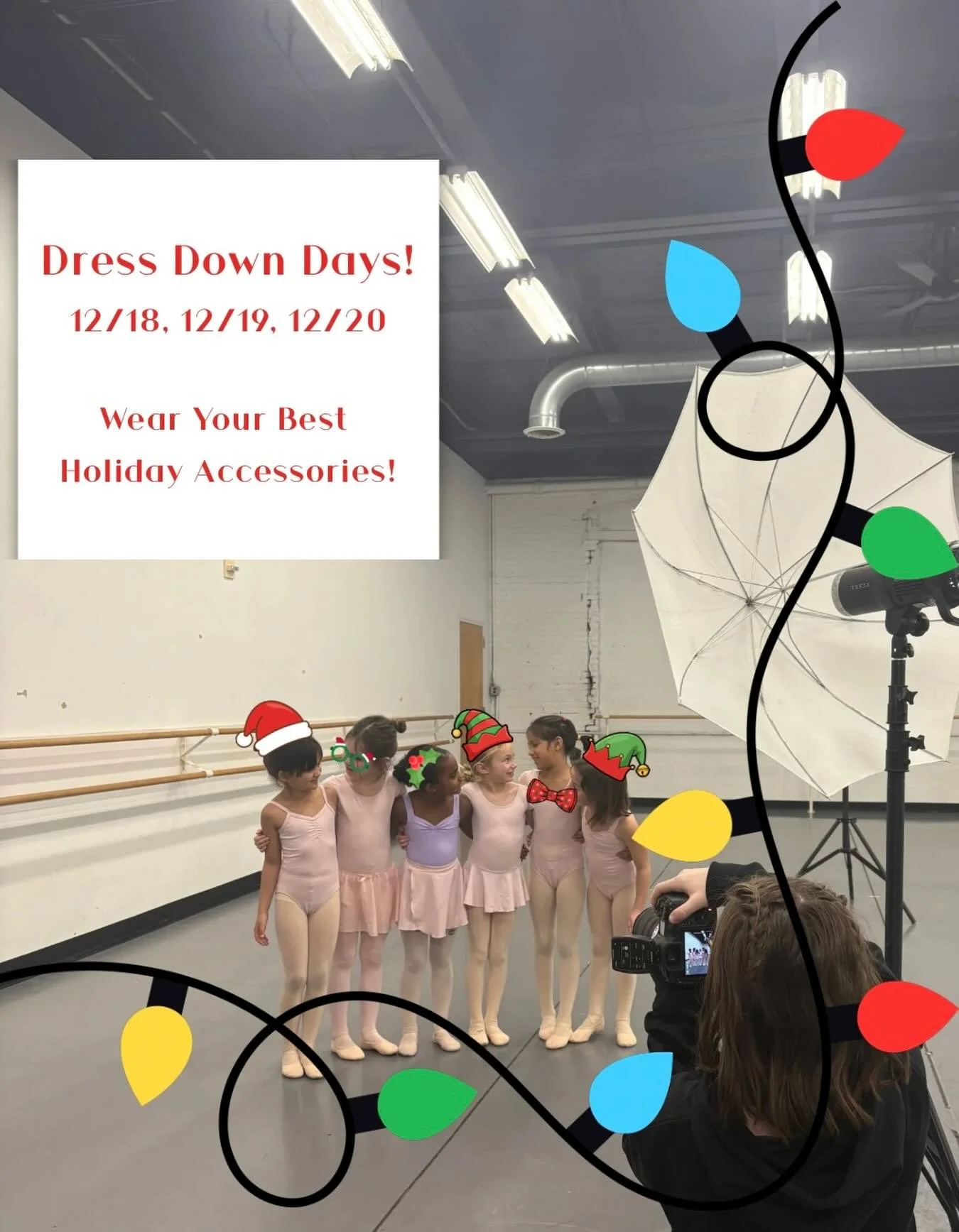 Dress Down Days! ✨🩰

This Thursday, Friday &amp; Saturday (12/18-12/20), celebrate the holidays and ring in the New Year with us before winter break! ☃️

Students may dress down for class and wear their best holiday accessories🎄🎉 just be sure they