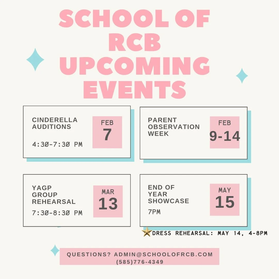 ✨Upcoming Events at The School of RCB✨

🩰Cinderella Auditions
Sat, February 7 | 4:30-7:30 PM
Audition for @rochestercityballet &lsquo;s full-length production performing April 25 &amp; 26 at the RIT Panara Theater!

👀Parent Observation Week
Februar