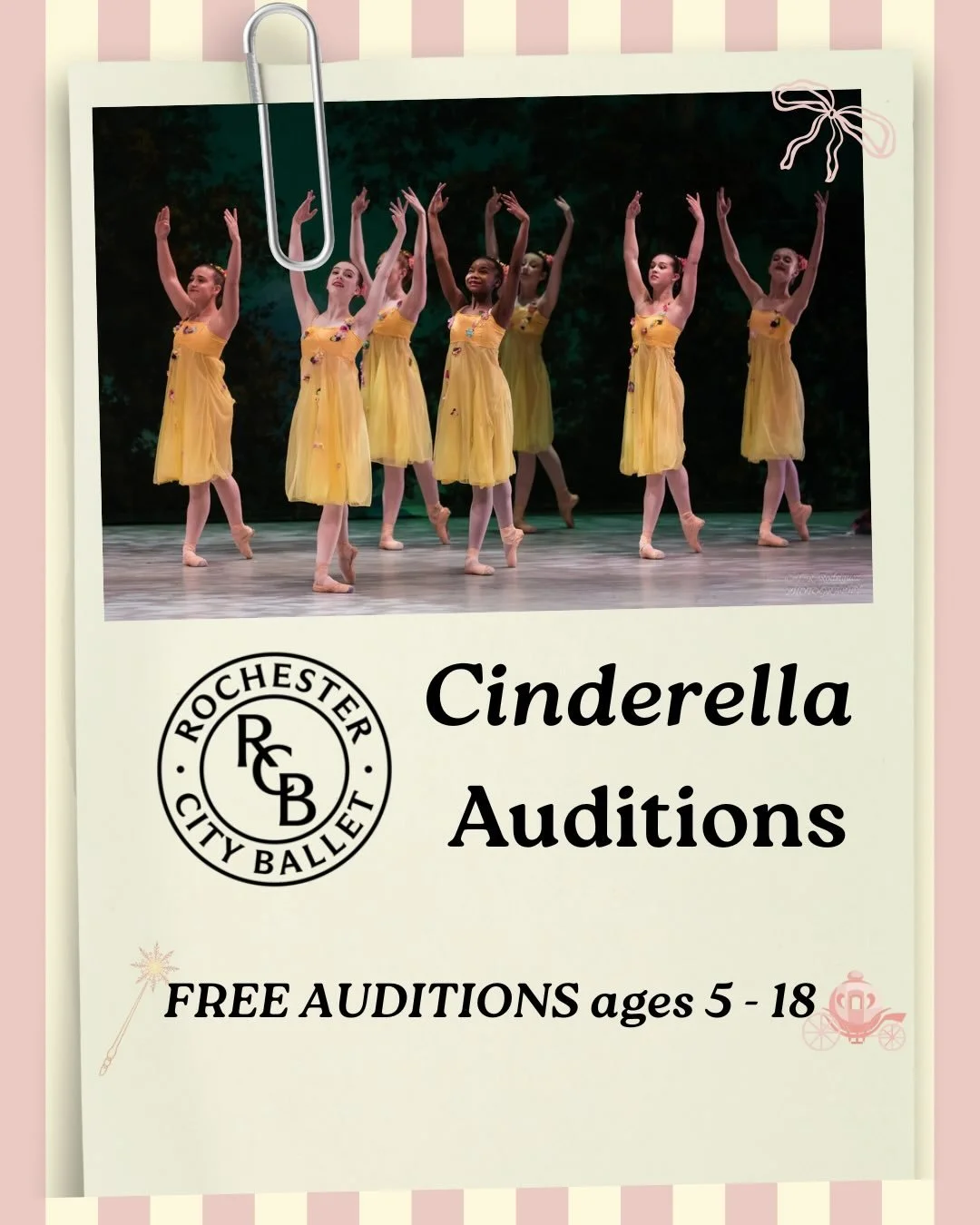 ✨ Audition for Cinderella! ✨

Save the date! Rochester City Ballet invites young dancers to audition for their professional production of Cinderella, performed at RIT&rsquo;s Panara Theater on April 25th-26th 👑🩵

We strongly encourage our School of