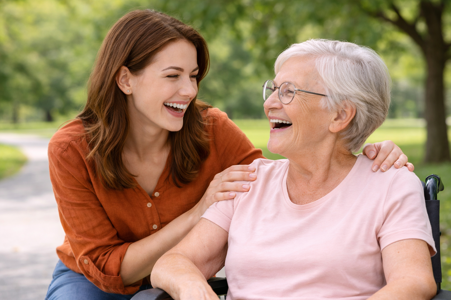 Une femme et sa mère âgée qui ne présentent aucune inquiétude en raison d'un bon accompagnement des professionnels