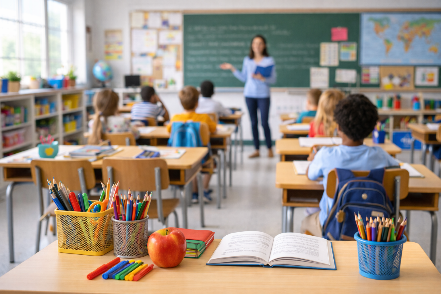 Enseignante qui est avec ses élèves de primaire et qui leur enseigne malgré des difficultés d'attention, difficultés d'apprentissage et difficultés de comportement