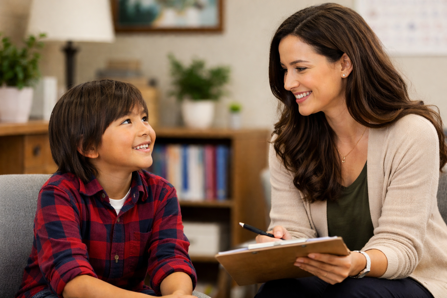 Enfant autochtone qui rencontre une neuropsychologue chaleureuse et bienveillante