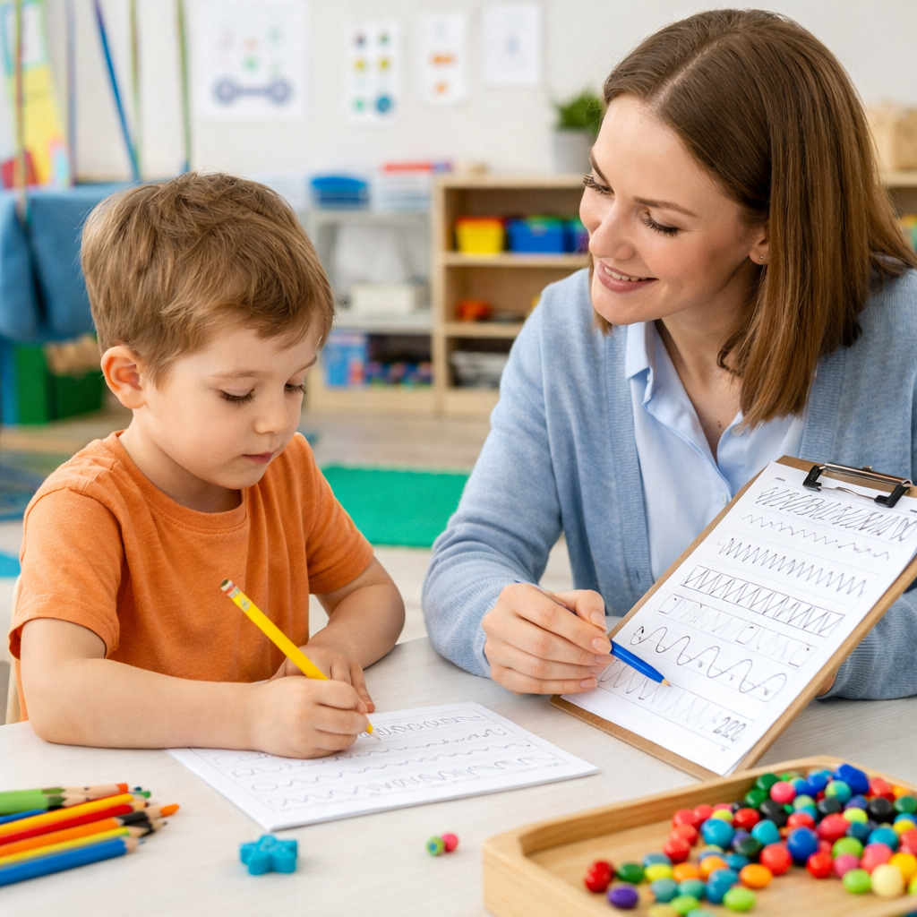 Enfant qui rencontre une ergothérapeute pour une évaluation et un travail sur l'écriture