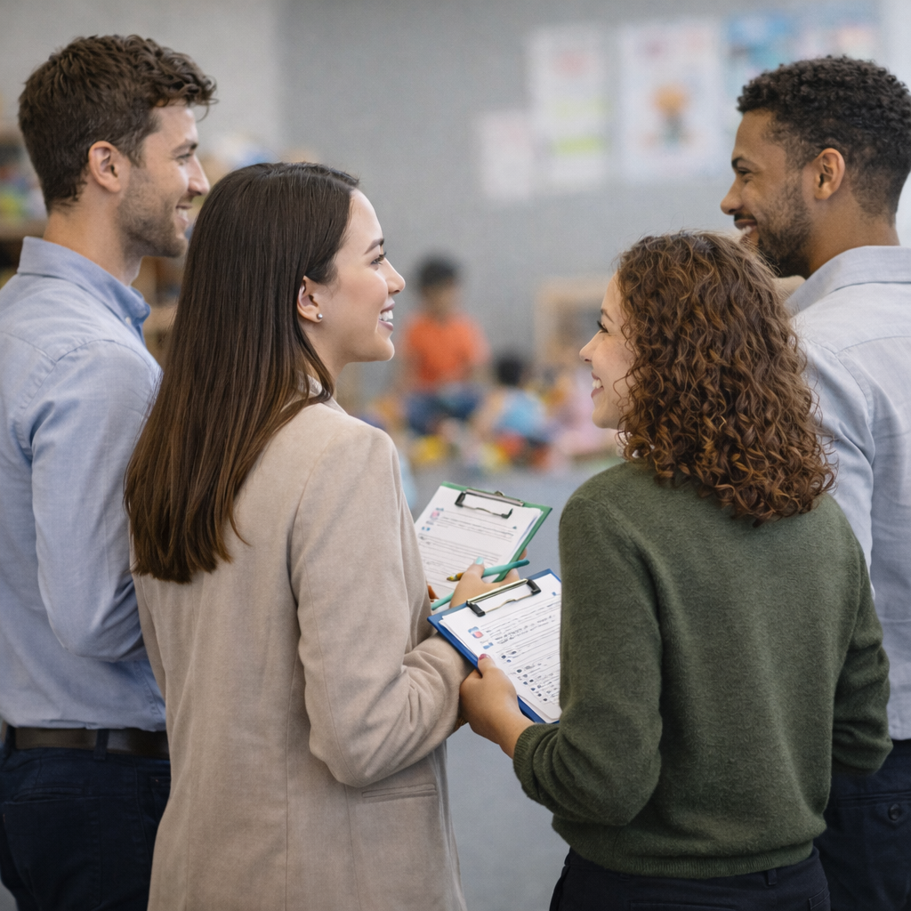 Professionnels qui complètent une grille de dépistage en évaluant un groupe d'enfants en milieu de garde