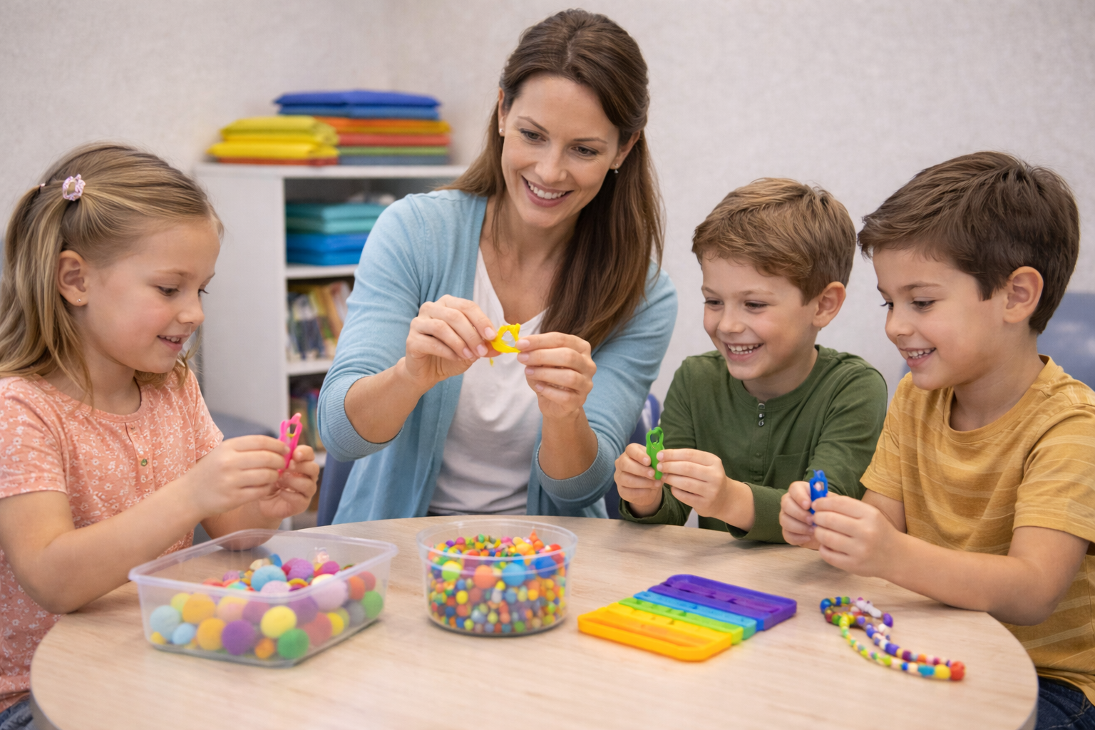 Plusieurs élèves qui rencontrent une ergothérapeute pour faire des activités de motricité fine