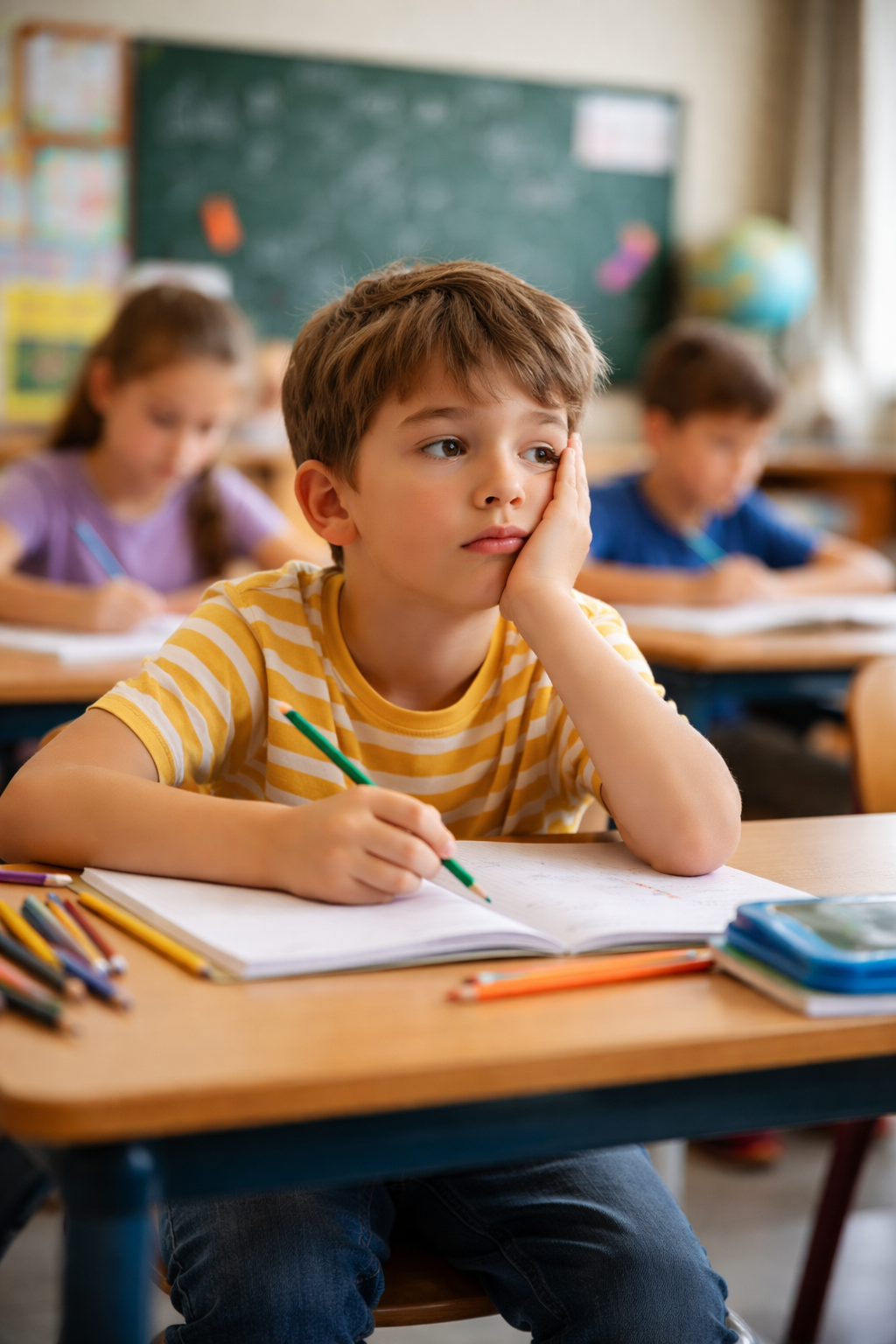 Enfant distrait en classe, qui a de la difficulté à se concentrer sur son enseignante