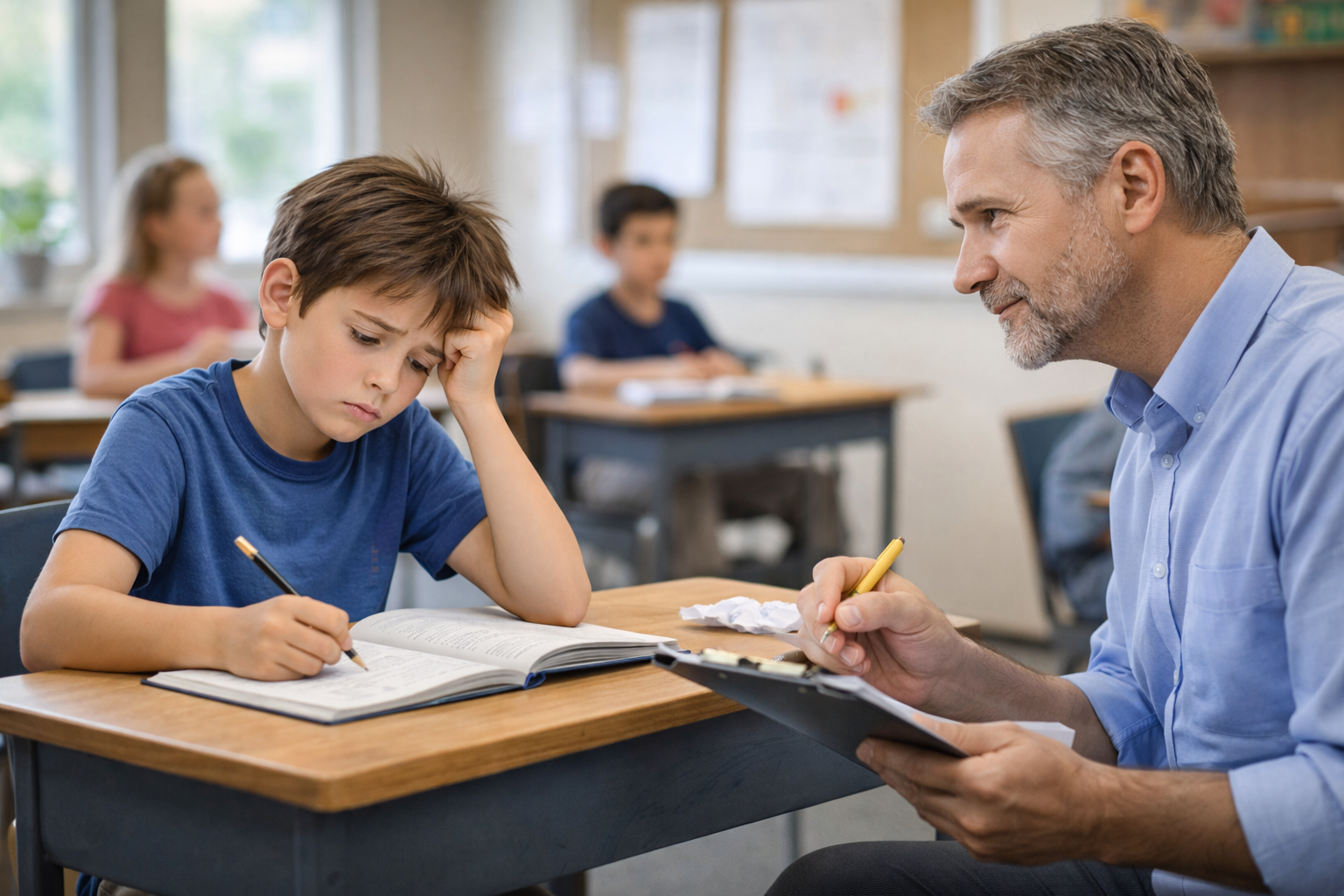 Enfant qui est vu par un neuropsychologue et qui prend le temps de bien faire son évaluation en l'observant en classe