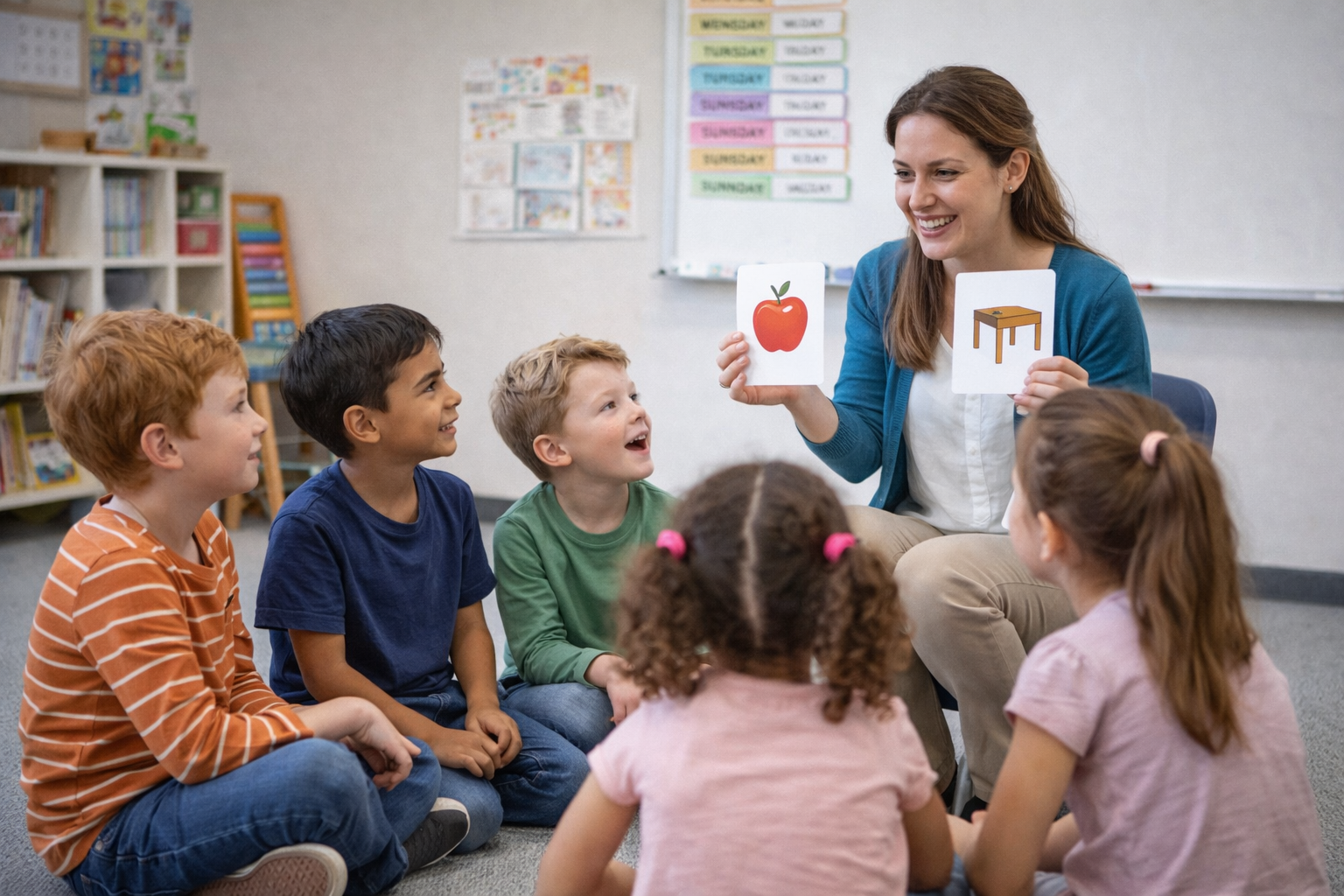 Orthophoniste qui propose des ateliers de groupe avec des élèves présentant des difficultés de langage