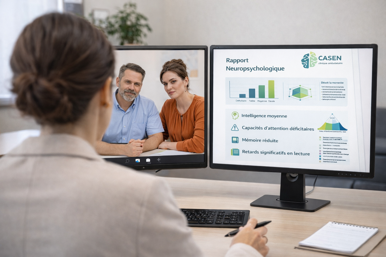 Présentation d'un rapport neuropsychologique par un professionnel en virtuel et qui prend le temps d'expliquer les résultats