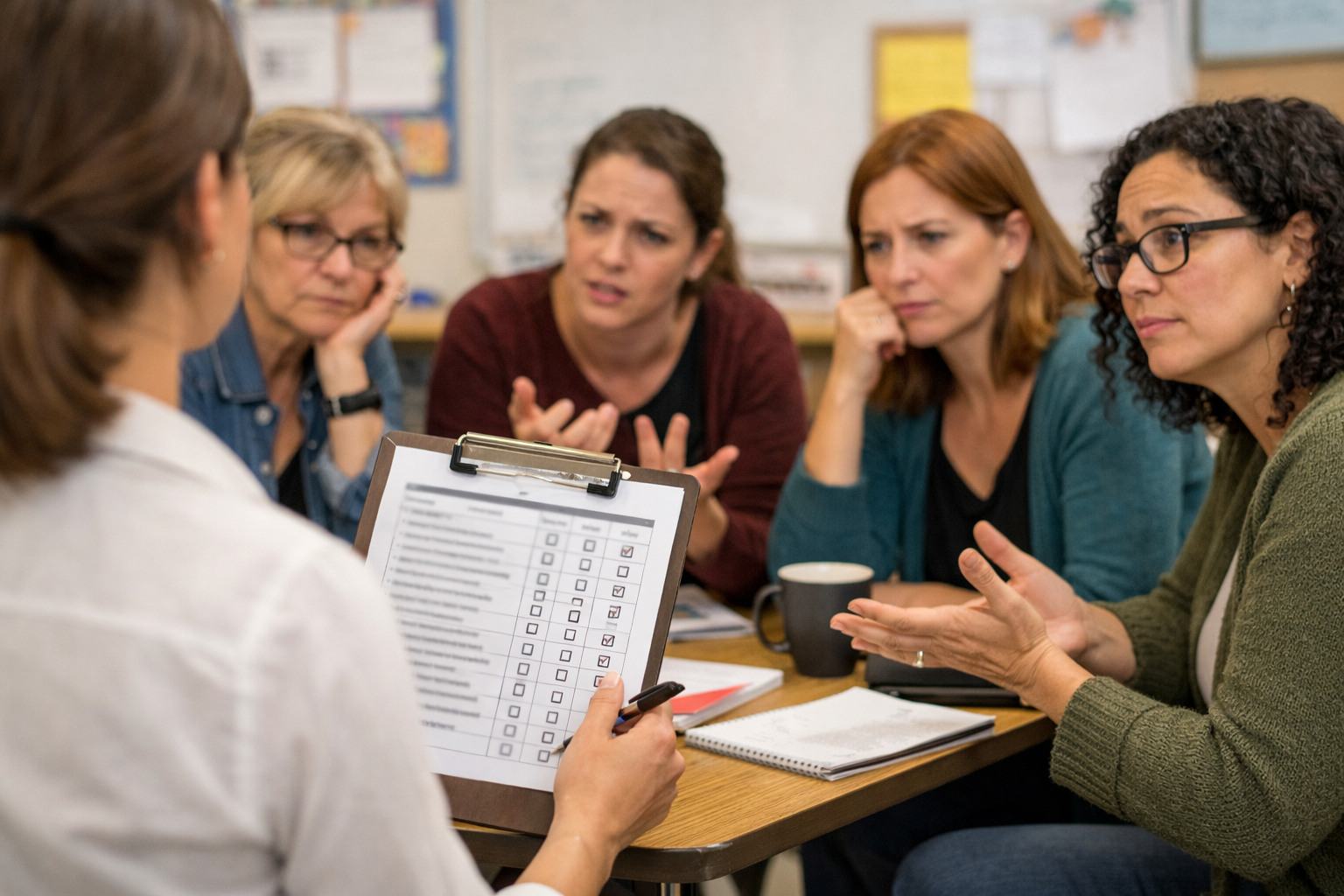 Équipe scolaire autour d'une professionnelle se questionnant sur les priorités à adresser pour un élève difficile