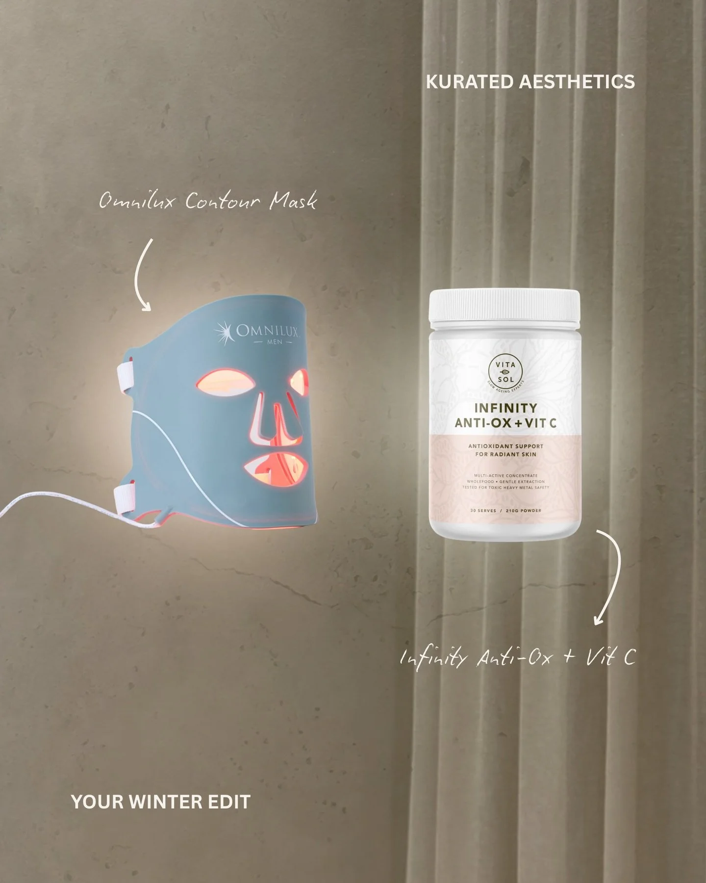 These two have a permanent place in my winter routine.

The Omnilux Contour Mask delivers medical-grade LED light therapy at home, collagen stimulation, no clinic visit needed. 

The Infinity Anti-Ox + Vit C gives your skin the antioxidants it needs 