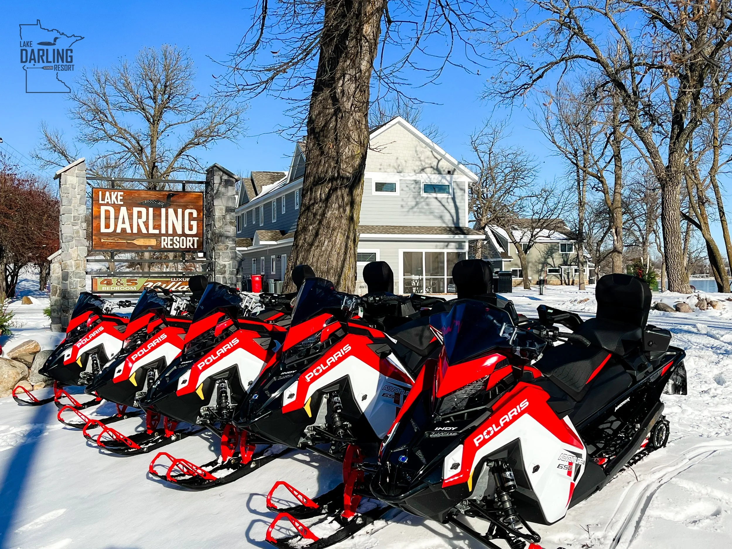 Snowmobile for rent in front of Lake Darling Resort in Alexandria Minnesota