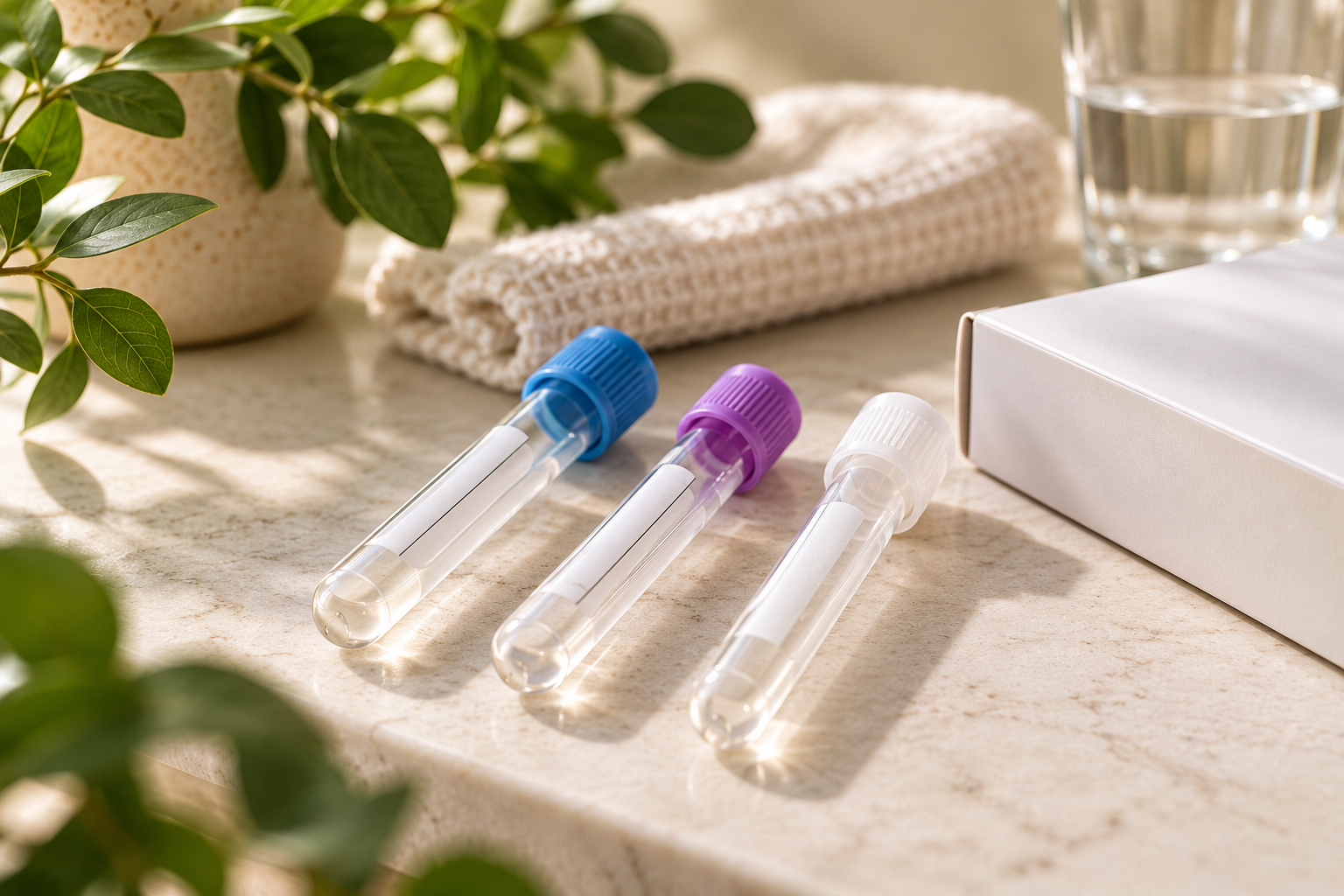 Three clear test tubes with colored caps (blue, purple, white) placed on a marble surface, alongside a closed white box, a glass of water, a folded white towel, a potted plant, and a speckled ceramic container. The scene appears well-lit with natural sunlight.