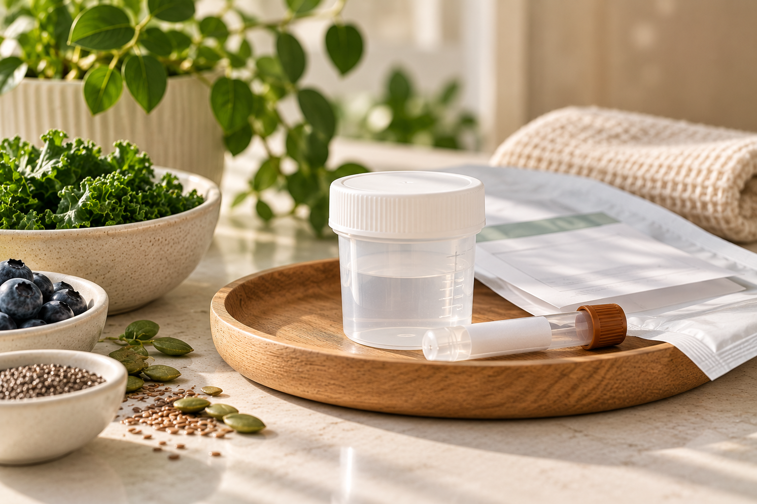 A wooden tray on a kitchen counter holds a plastic container, a test tube with a brown cap, and some papers. Surrounding the tray are bowls of blueberries, he lentils, and chia seeds. There are also green leaves and a towel in the background, with natural sunlight illuminating the scene.