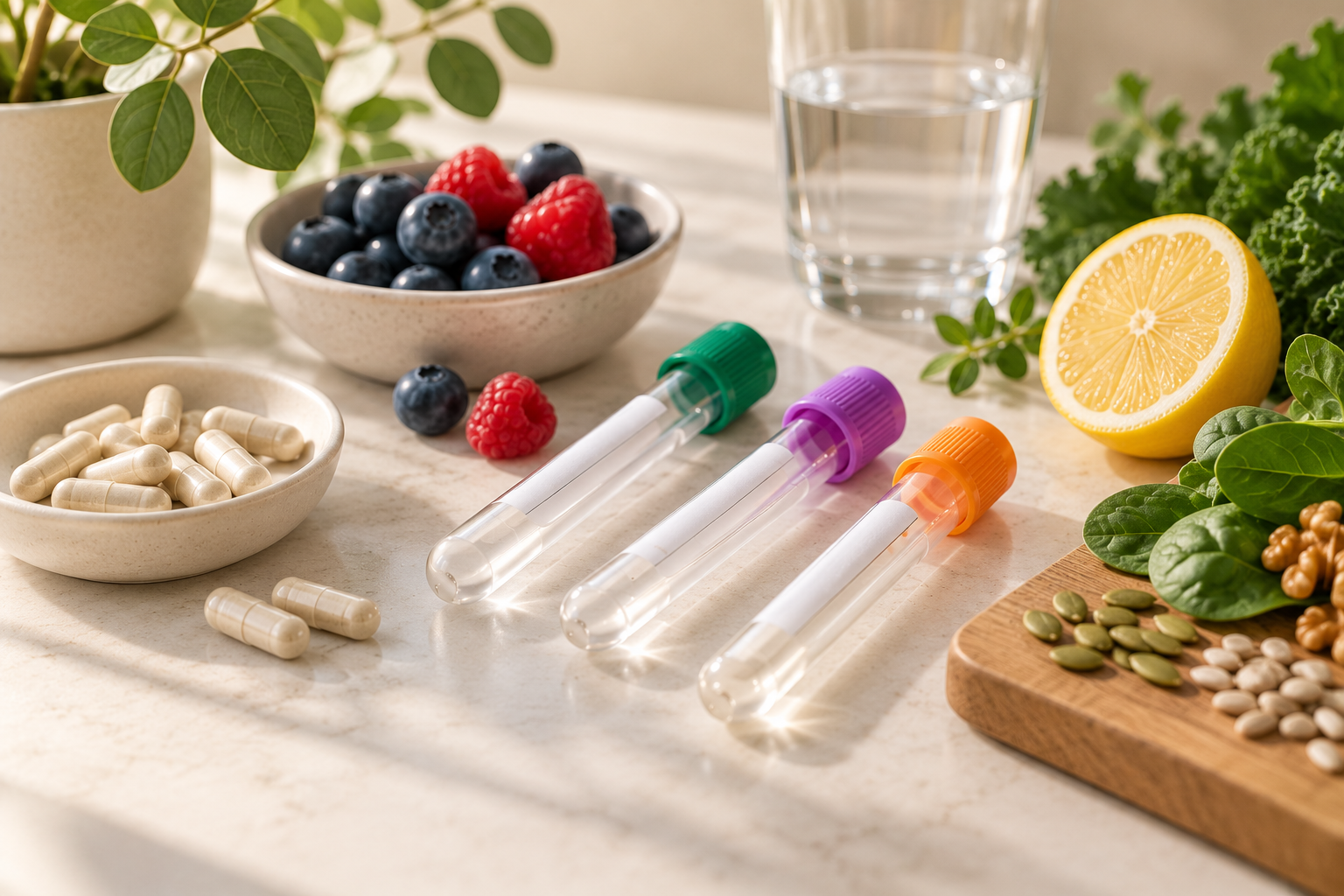 Test tubes, berries, lemon, pills, seeds, leafy greens on a kitchen countertop.