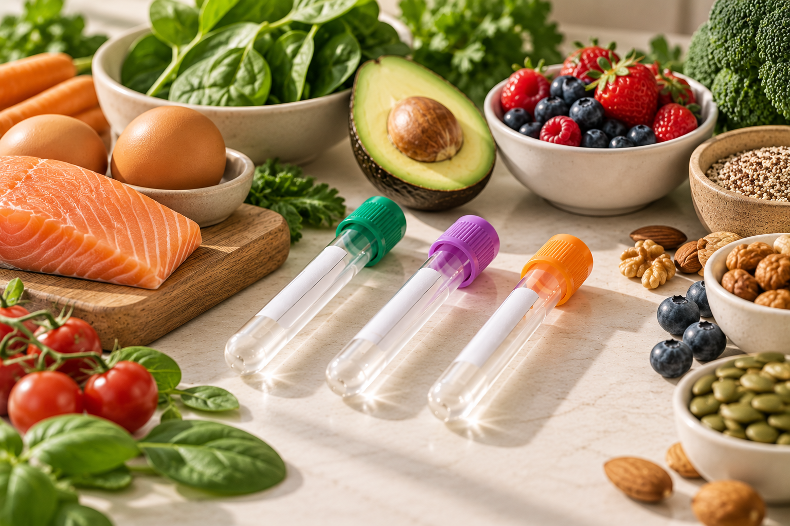 Assorted fresh foods including salmon, eggs, carrots, spinach, avocado, mixed berries, broccoli, quinoa, walnuts, almonds, blueberries, pumpkin seeds, and dried apricots, with three labeled test tubes on a light-colored surface.