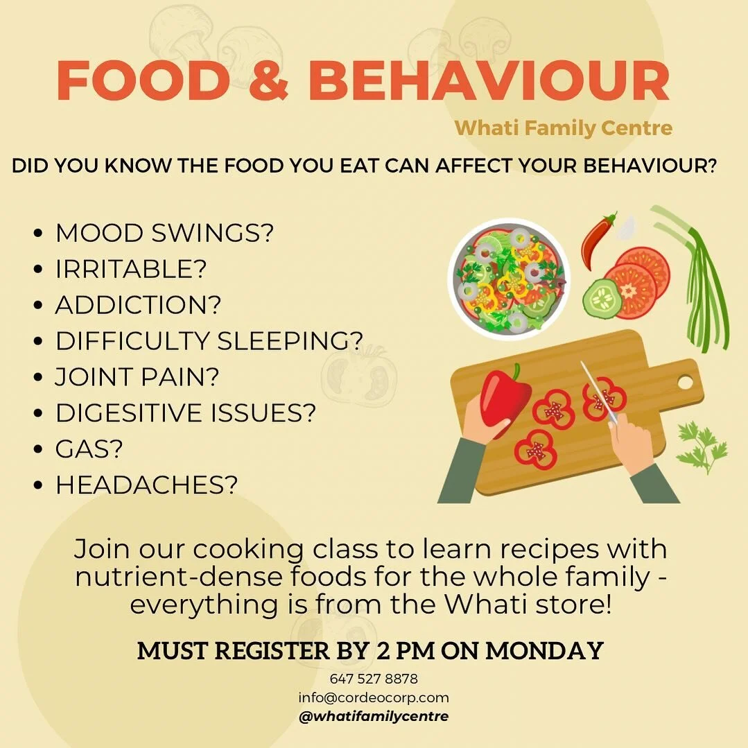 TODAY - Cooking class at Rebecca&rsquo;s @ 4PM. Kids are welcome! The food we eat affects our whole body - mood, joint pain, head aches, digestion, etc. This class will teach you recipes using nutrient-dense foods from the Whati store. MUST Register 