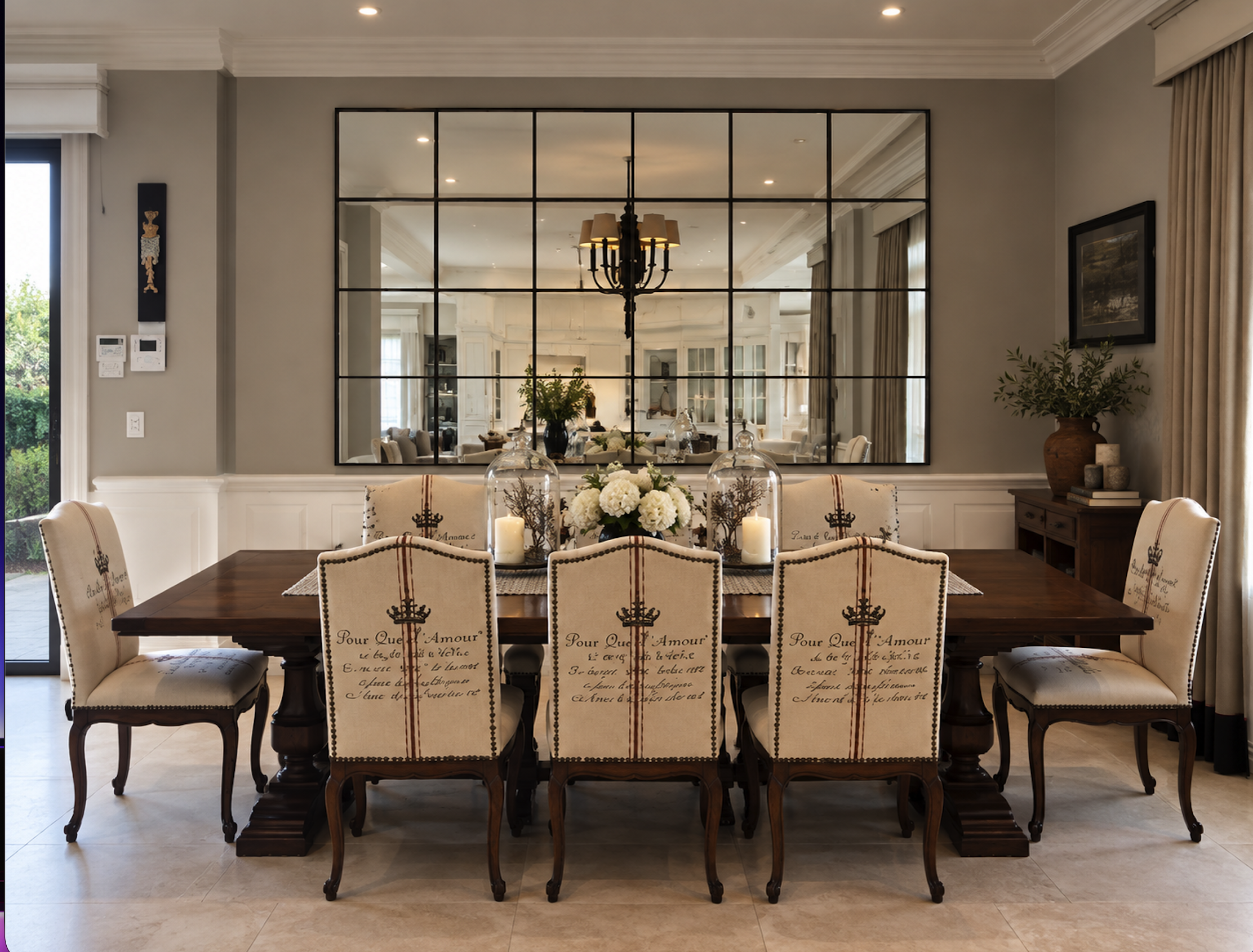 Renovation and interior design in Sydney featuring an elegant dining room with a solid timber table, decorative wall panelling, statement mirror and classic architectural detailing – Sydney City Renovations, residential renovation specialist. 