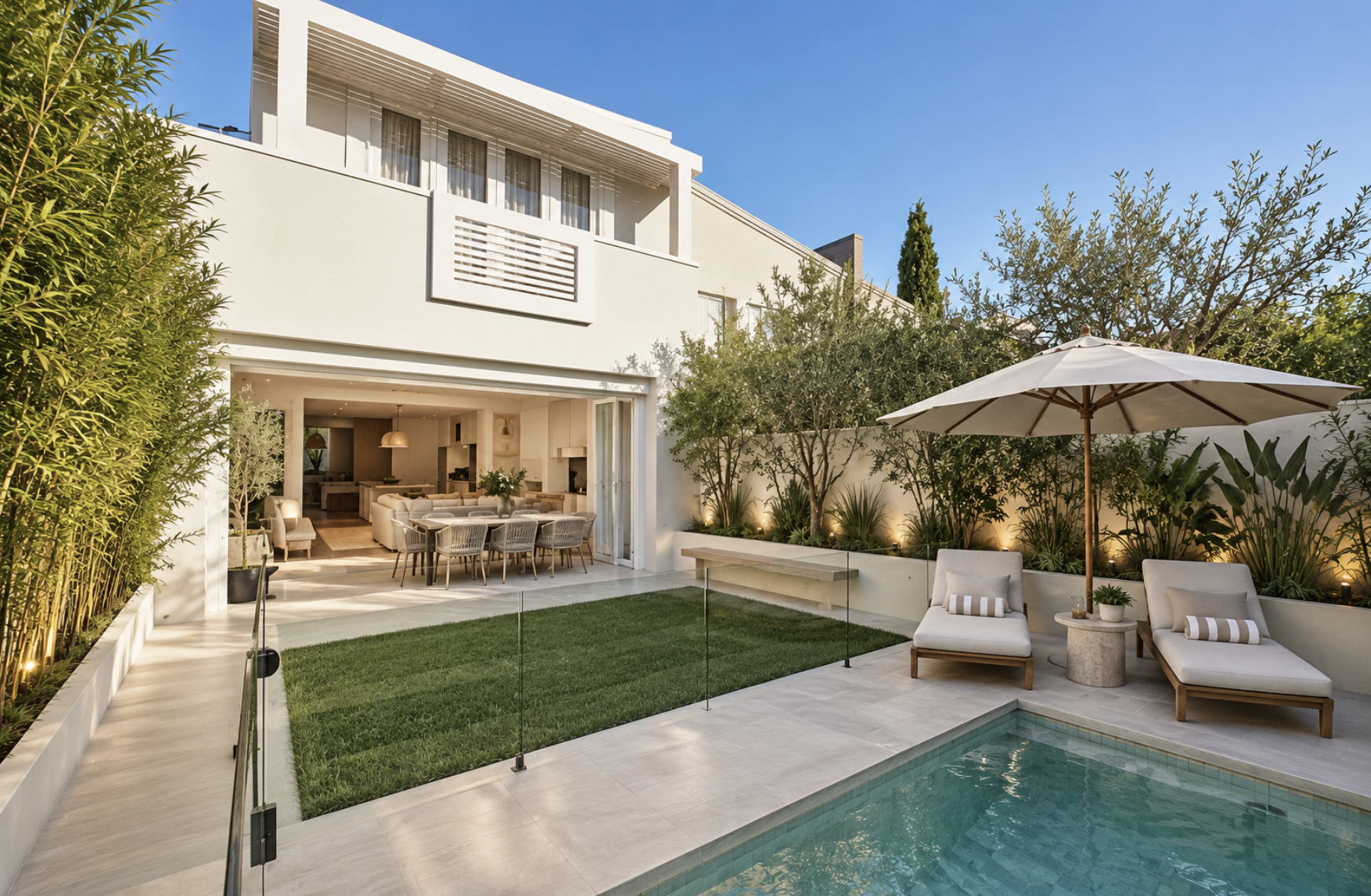 Luxury Sydney residential renovation featuring a contemporary two-storey home, seamless indoor-outdoor living, landscaped gardens, natural stone paving, glass pool fencing and a modern swimming pool – Sydney City Renovations.