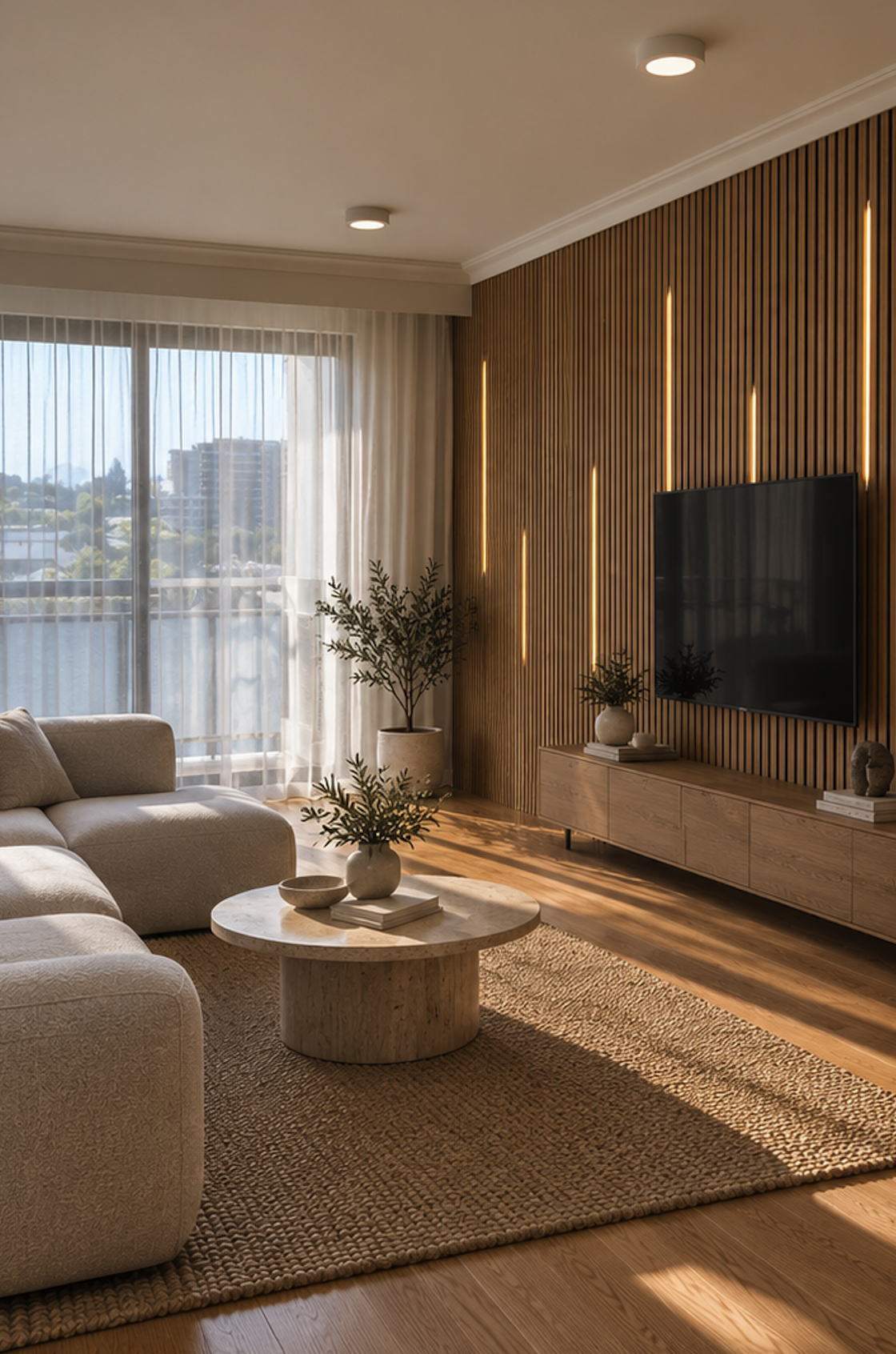 New build granny flat in Marrickville, Sydney, featuring a modern living room with timber feature wall, LED lighting and custom TV cabinetry – Sydney City Renovations.