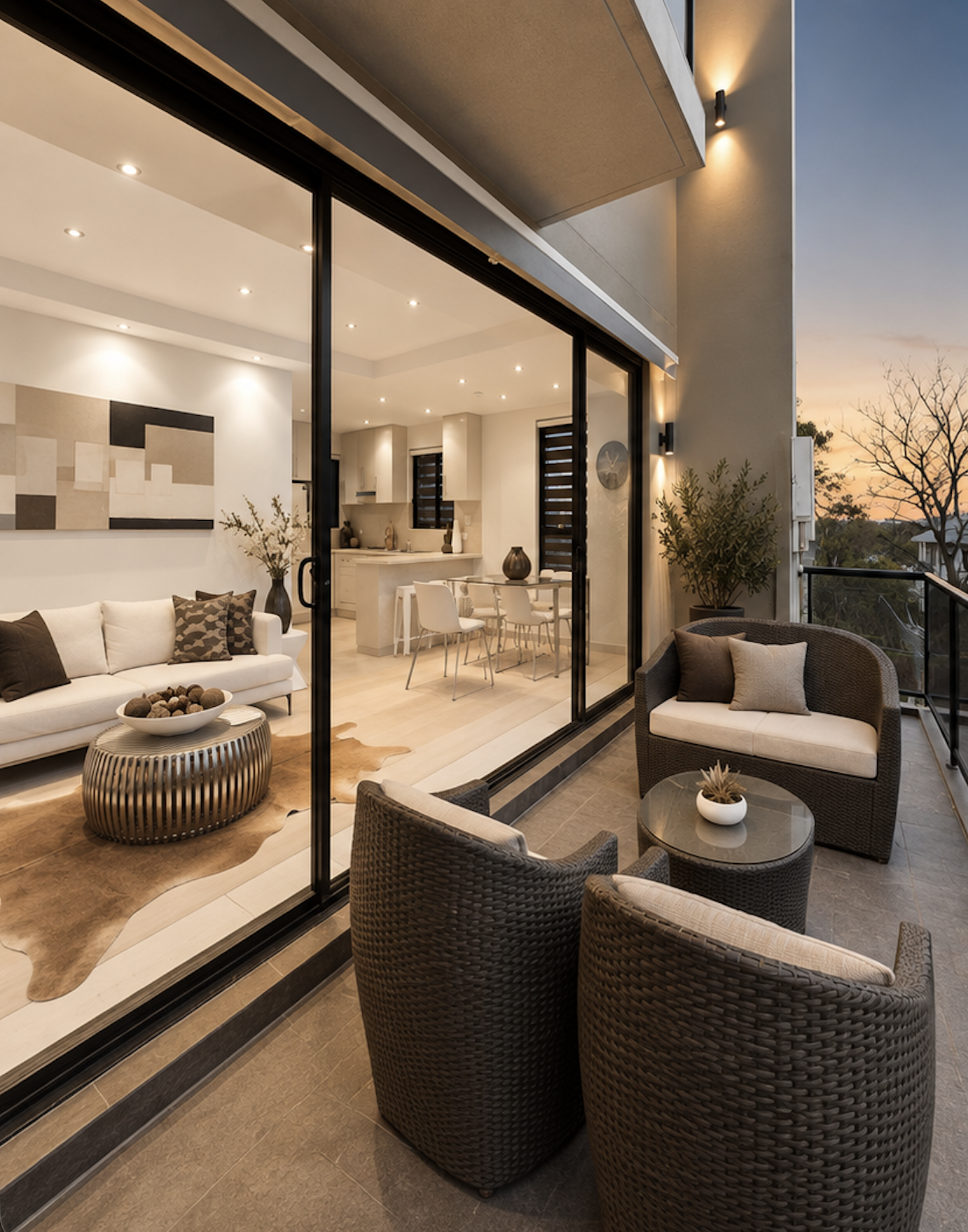 Sydney City Renovations contemporary residential renovation featuring a stylish outdoor balcony with wicker lounge seating, large sliding glass doors, modern open-plan living and dining areas, neutral finishes and architectural lighting for seamless 