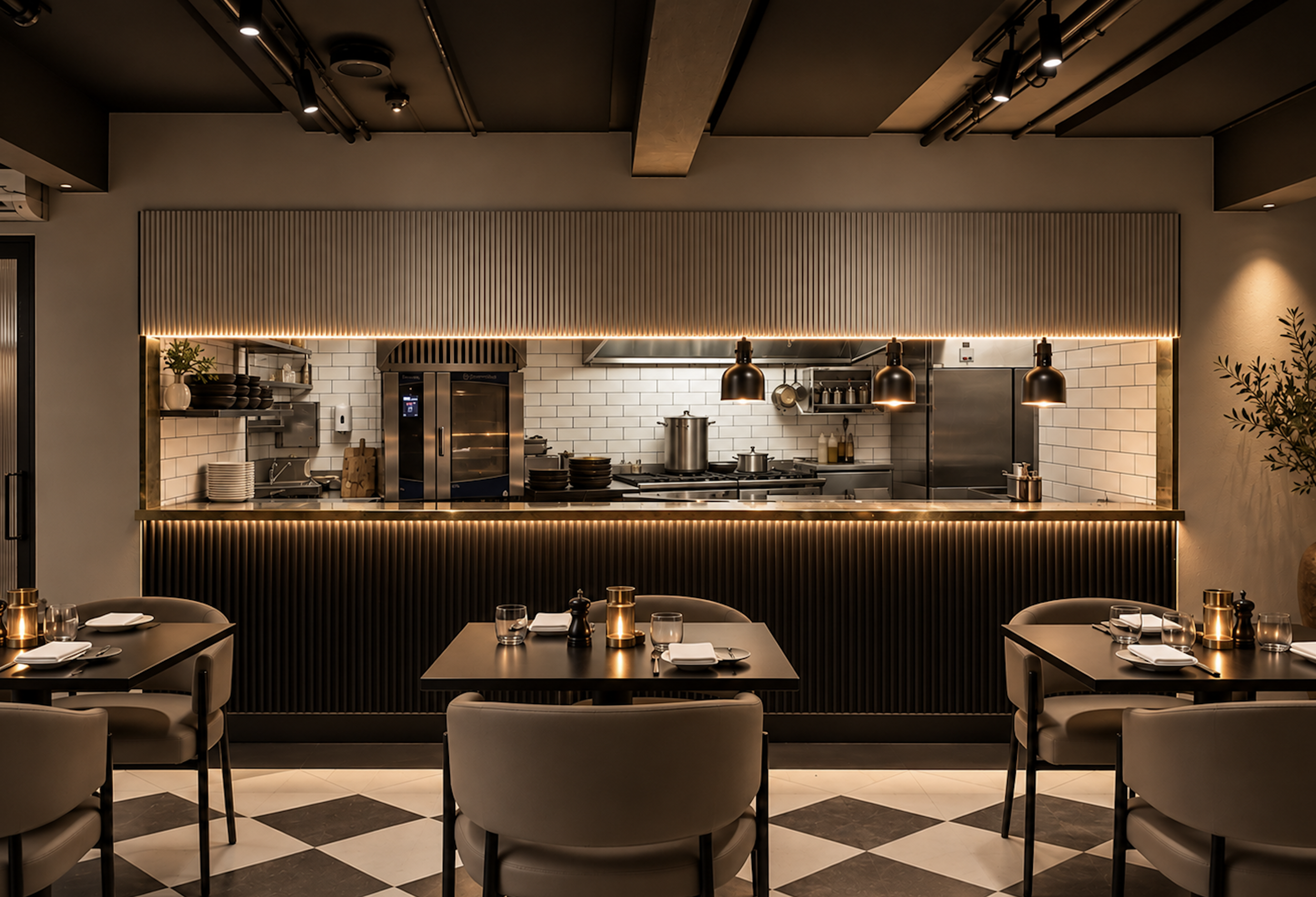 Sydney City Renovations commercial restaurant fit-out featuring a contemporary open kitchen, custom fluted timber panelling, warm integrated LED lighting, white subway tiles, black pendant lights and elegant dining furniture with bold chequered floor