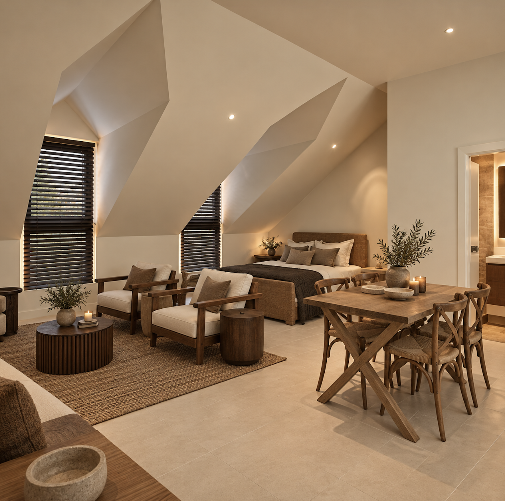 Sydney City Renovations luxury residential renovation featuring a spacious attic-style bedroom retreat with dramatic vaulted ceilings, warm timber furniture, neutral finishes, contemporary lounge seating and integrated lighting. 