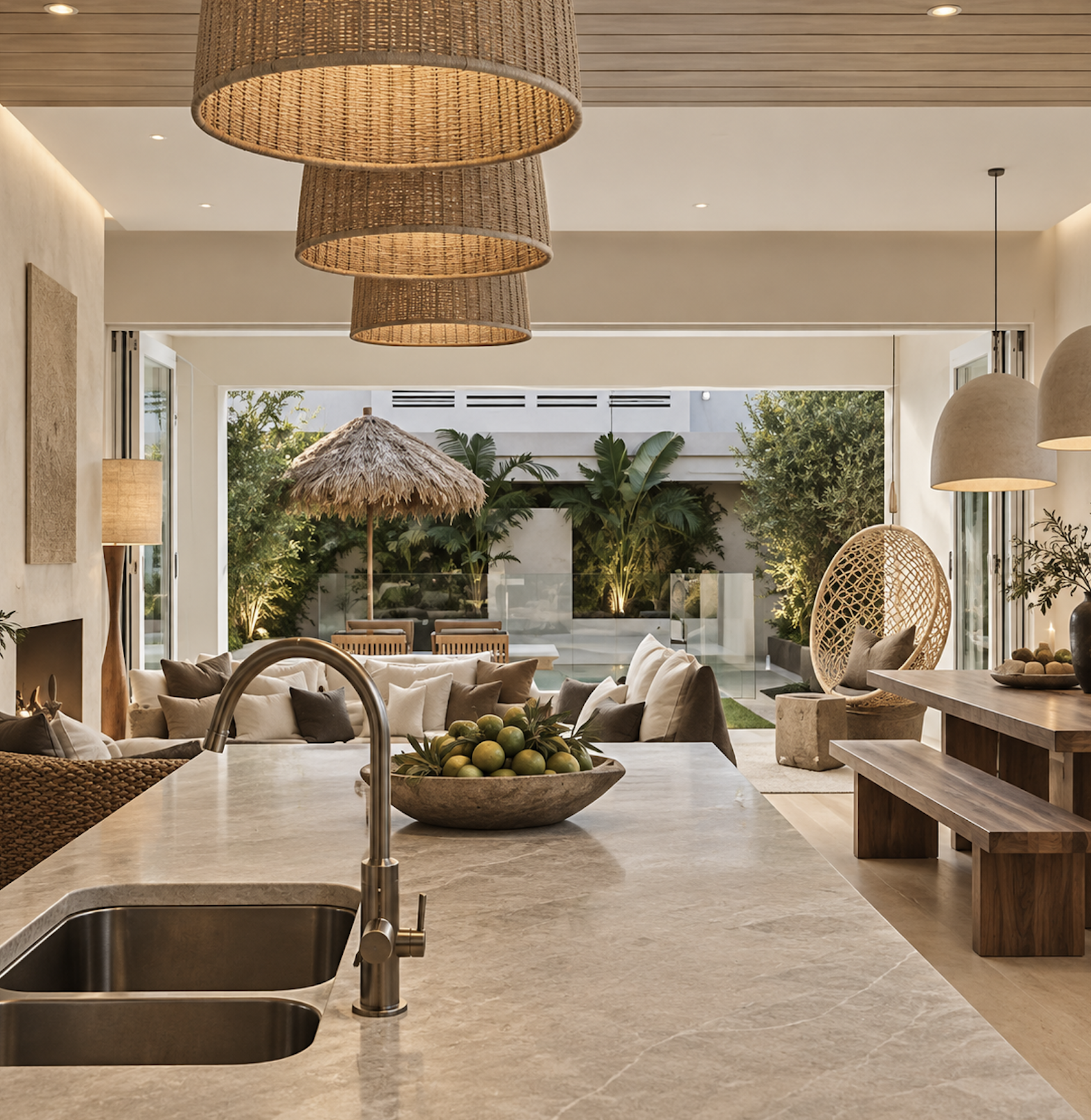 Sydney City Renovations luxury residential renovation featuring an open-plan kitchen with natural stone island, timber dining furniture, woven pendant lighting and bifold doors opening to a landscaped outdoor entertaining area and swimming pool.