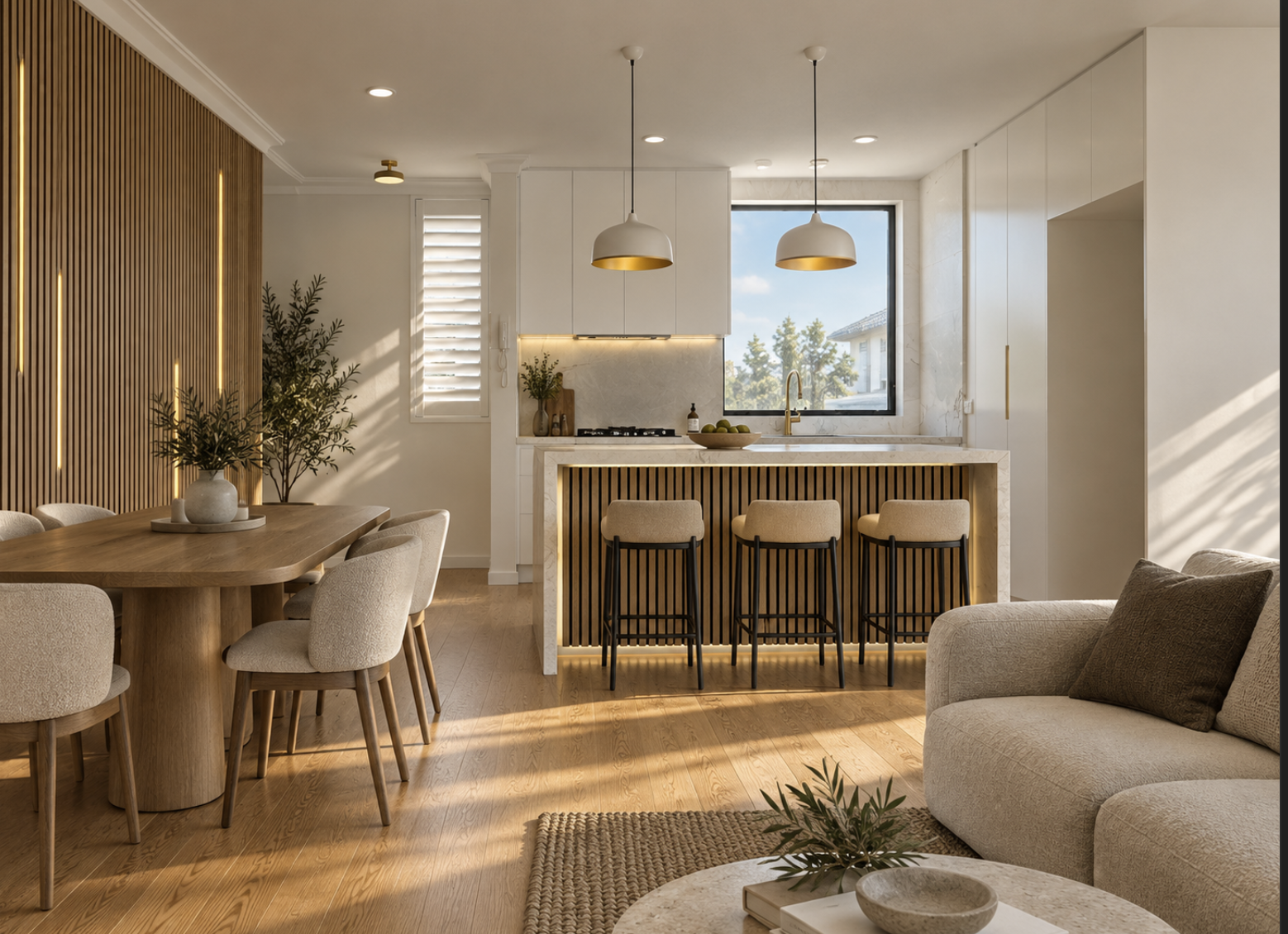 New build granny flat in Marrickville featuring a modern open-plan kitchen, stone island bench, custom timber joinery, integrated LED lighting and warm timber flooring – Sydney City Renovations.