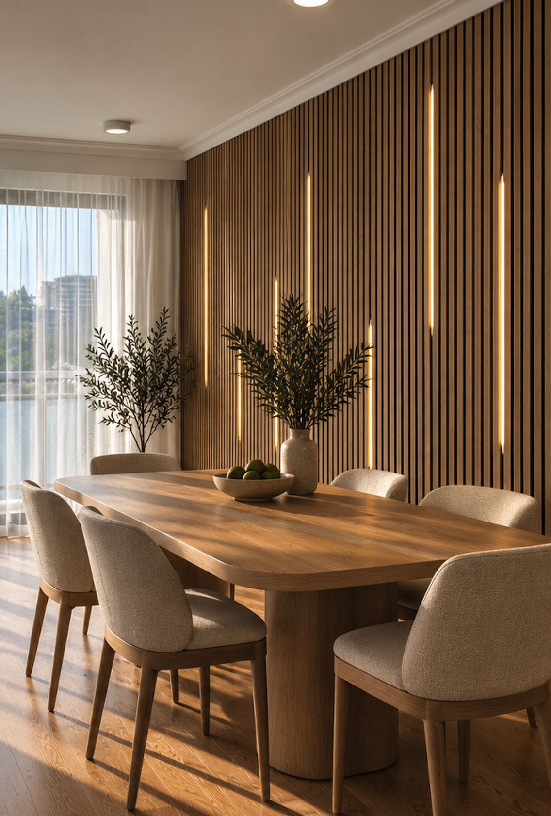 New build granny flat in Marrickville, a contemporary dining area with timber slat feature wall, LED lighting, timber flooring & modern dining – Sydney City Renovations, specialists in granny flat construction construction & residential residential. 