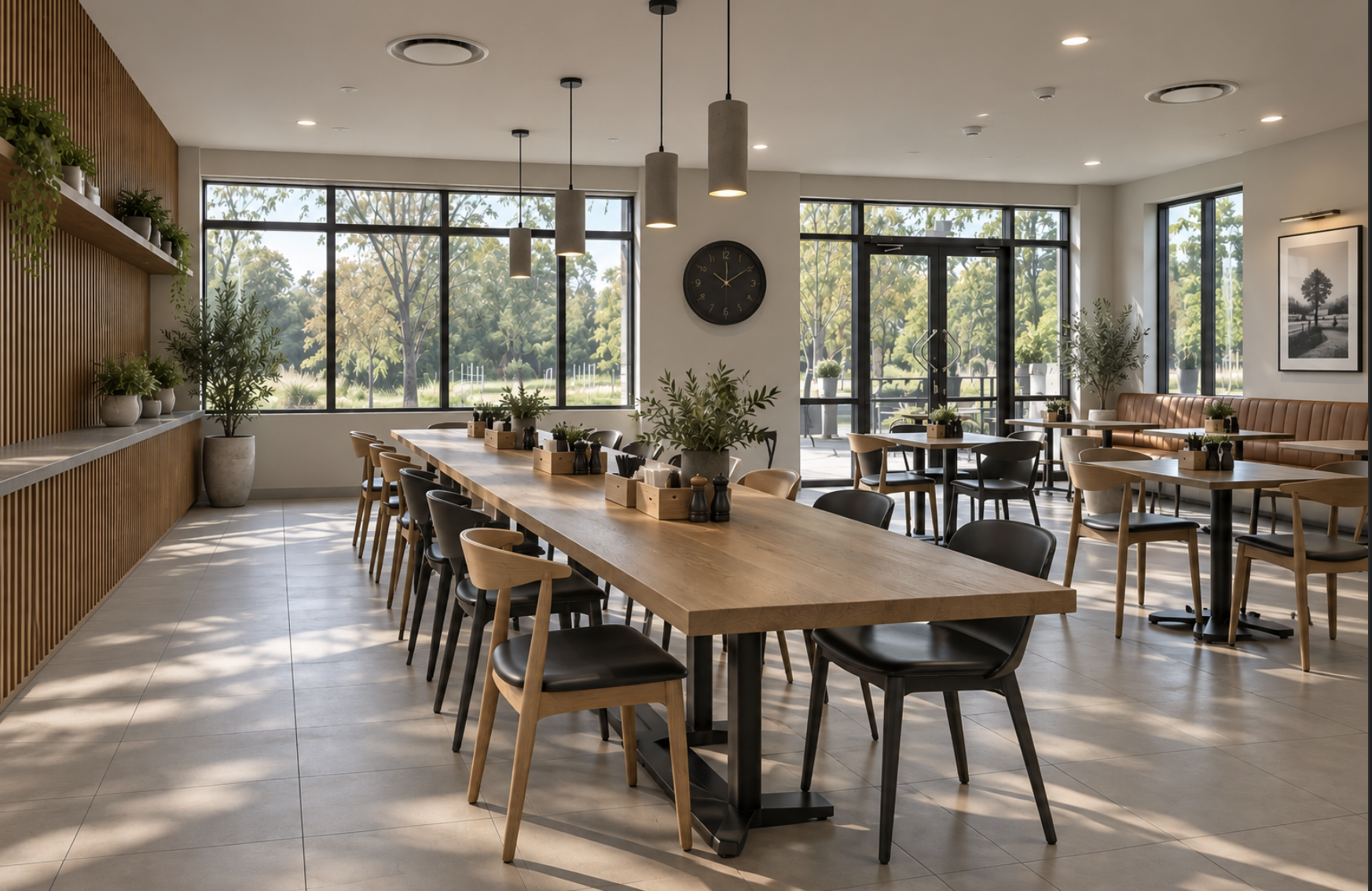Morphett Place Industrial Café fit-out in St Clair, Sydney, featuring timber feature walls, custom seating, pendant lighting and contemporary dining areas – Sydney City Renovations, commercial fit-out specialists.