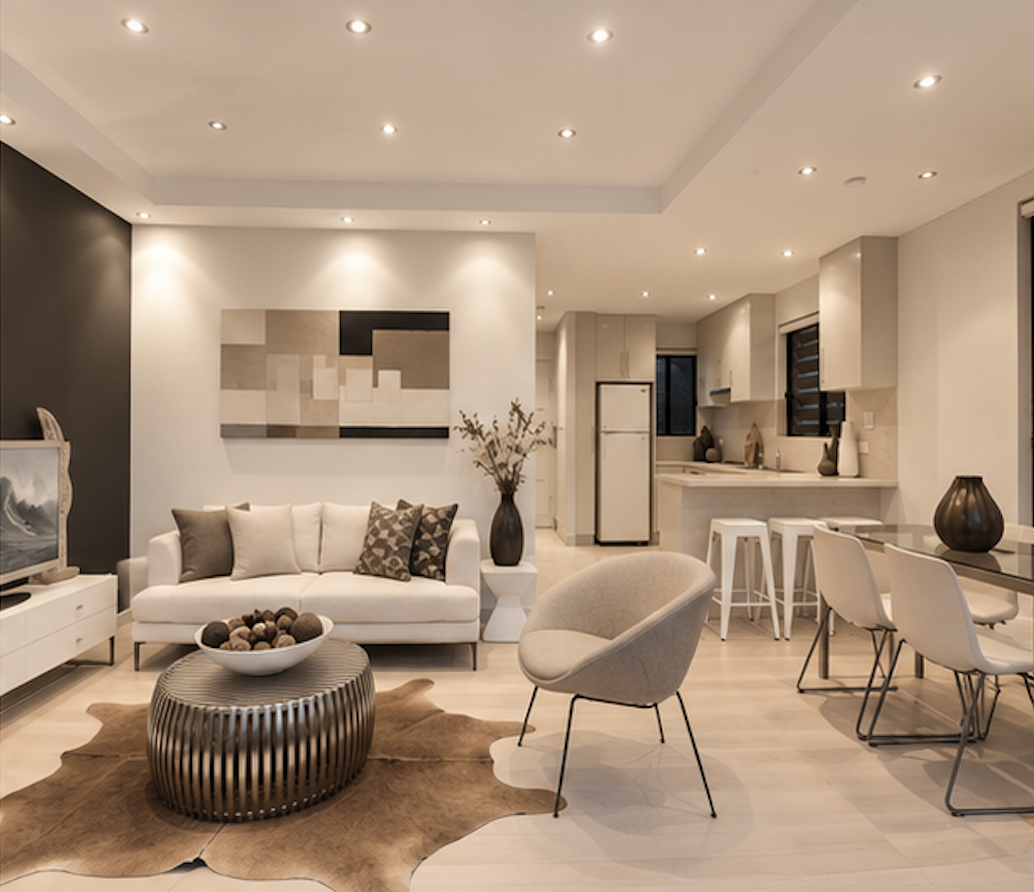 Sydney City Renovations contemporary residential renovation featuring a bright open-plan living, dining and kitchen area, modern white cabinetry, breakfast bar, recessed ceiling lighting, neutral finishes and stylish contemporary furniture.