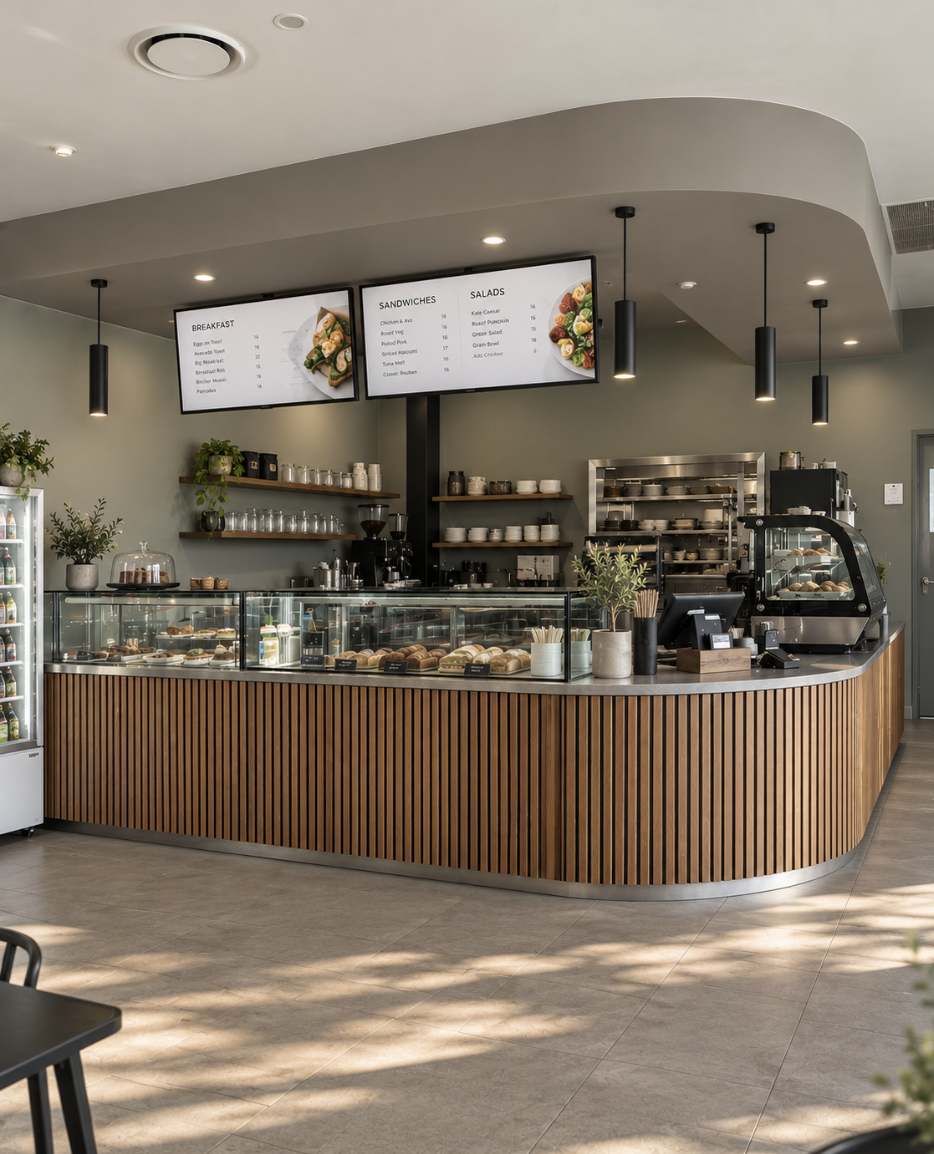 Morphett Place Industrial Café in St Clair, Sydney, featuring a commercial café fit-out with a curved timber slat counter, glass food displays, modern pendant lighting, digital menu boards and contemporary finishes – Sydney City Renovations.