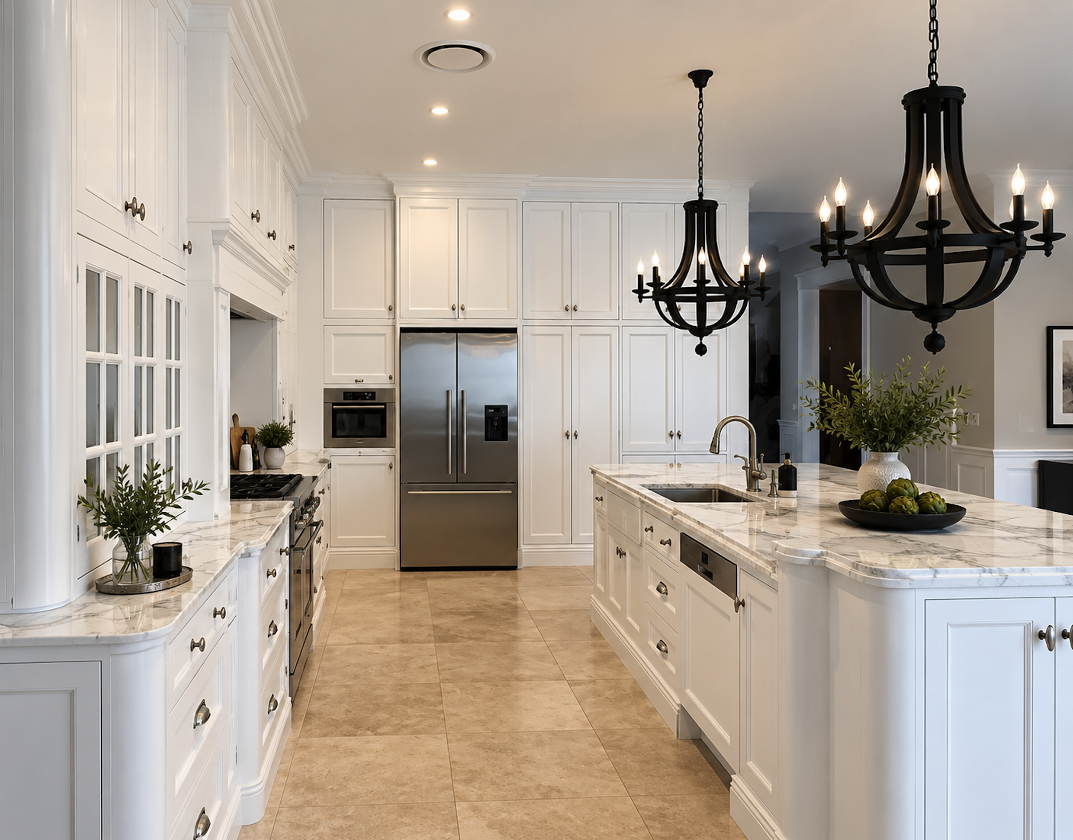 Residential kitchen renovation in Sydney featuring custom white shaker-style cabinetry, marble benchtops, a spacious kitchen island, elegant black chandeliers, stainless steel appliances and classic architectural detailing – Sydney City Renovations.