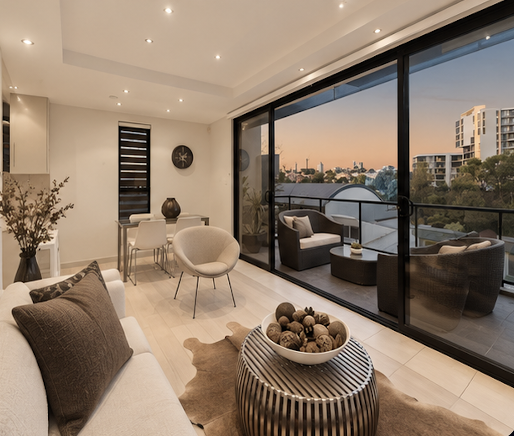 Sydney City Renovations contemporary residential renovation featuring a bright open-plan living and dining area, floor-to-ceiling sliding glass doors, modern finishes and a spacious balcony with outdoor seating.